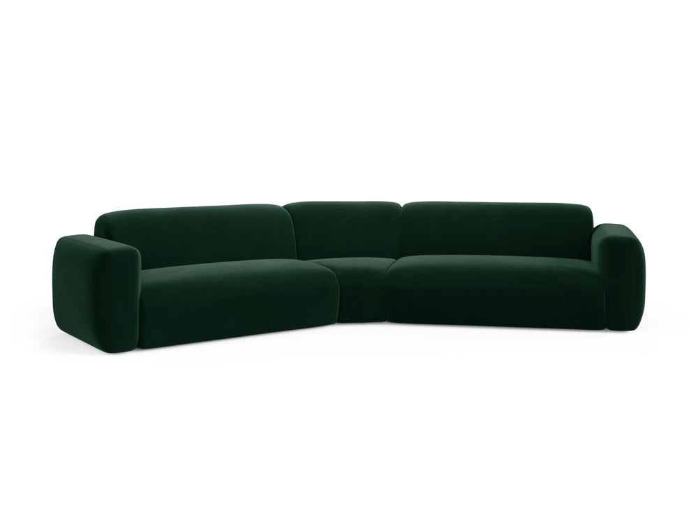 Elegantes Strino Velour Ecksofa in Flaschengrün, modular und symmetrisch, ideal für stilvolle Wohnräume.