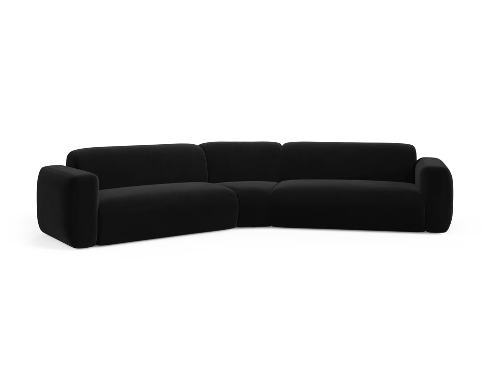 Elegantes Strino Velour Ecksofa in Schwarz, modular und symmetrisch, ideal für stilvolle Wohnräume, präsentiert von Cosmopolitan Design.