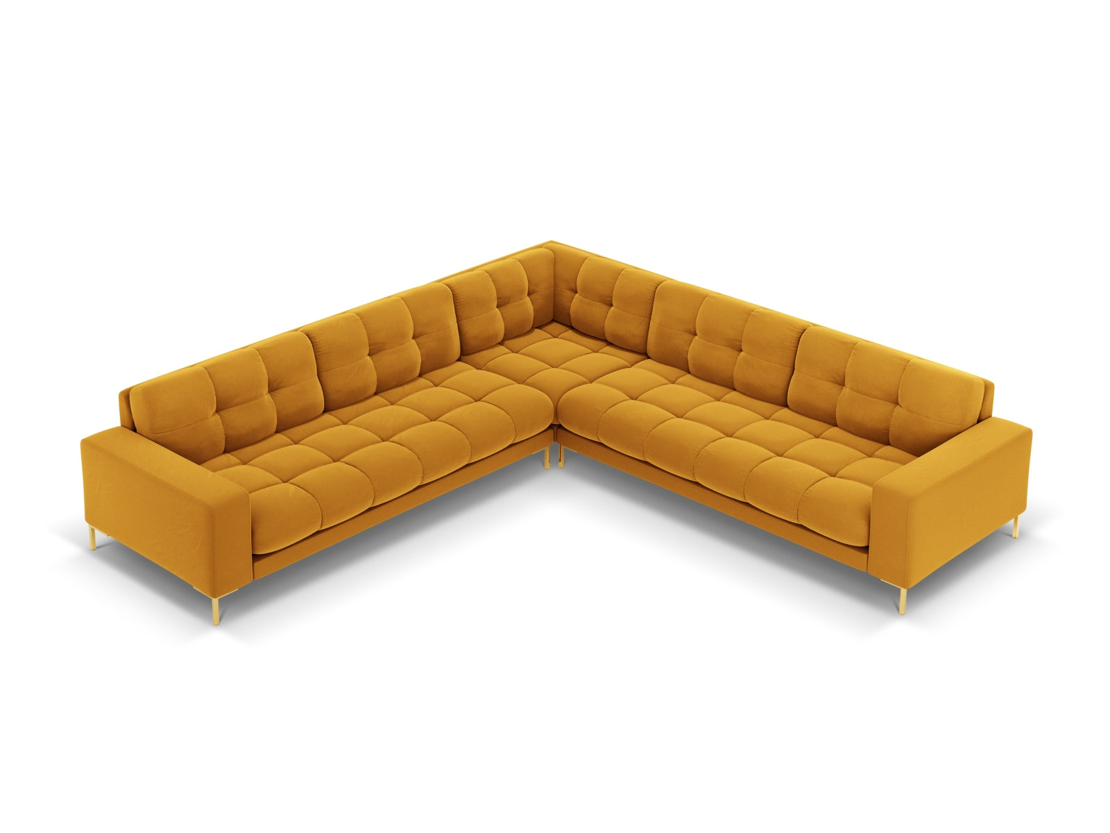 Modernes 6-Sitzer Ecksofa Symmetric Bali in ansprechendem Yellow-Bluvel, perfekt für gemütliche Zusammenkünfte und stilvolle Einrichtung.