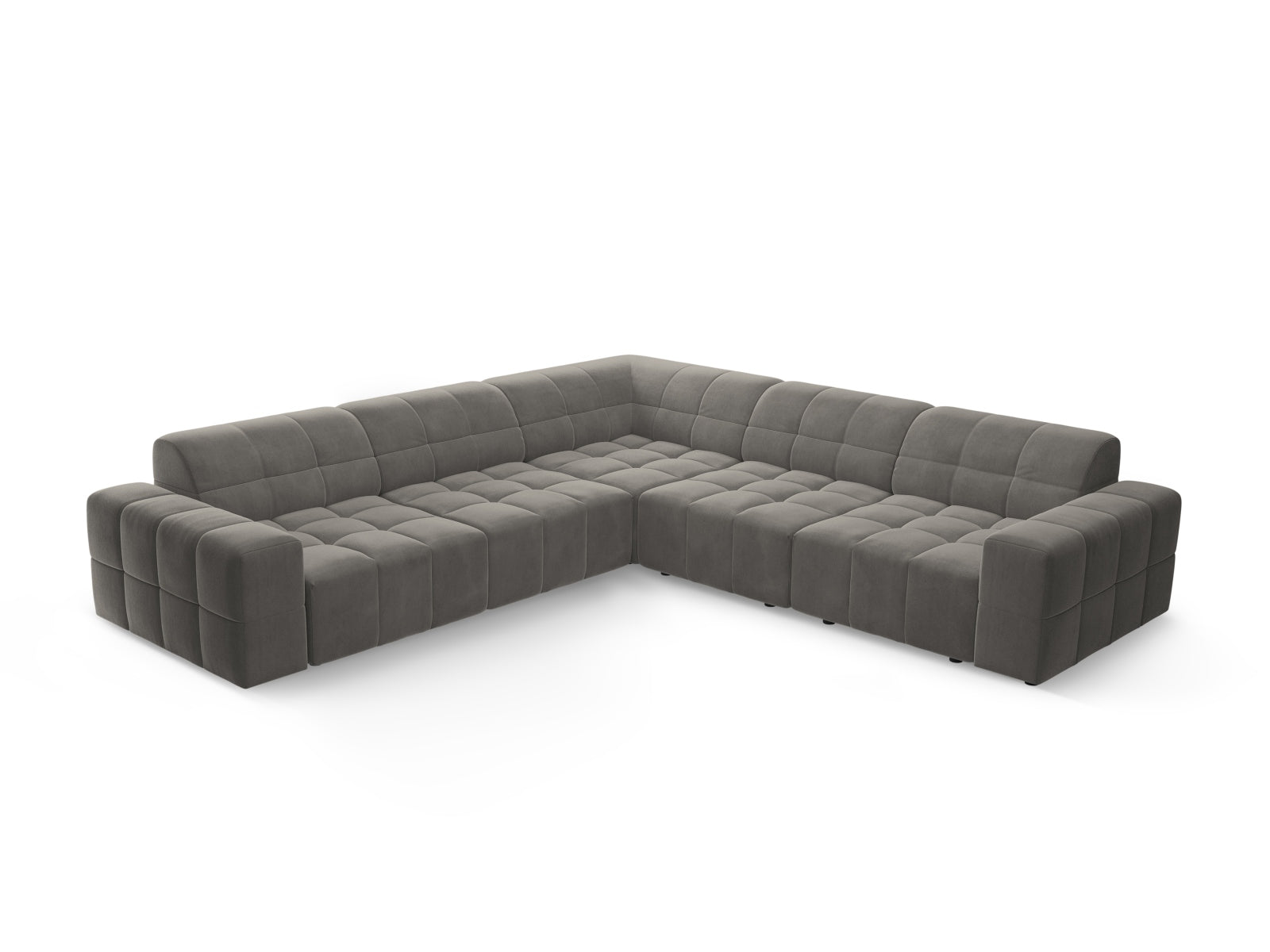 Elegantes Chicago Ecksofa in sanftem Light Grey-Bluvel, perfekt für gesellige Abende und stilvolle Einrichtung, bietet Platz für vier Personen.