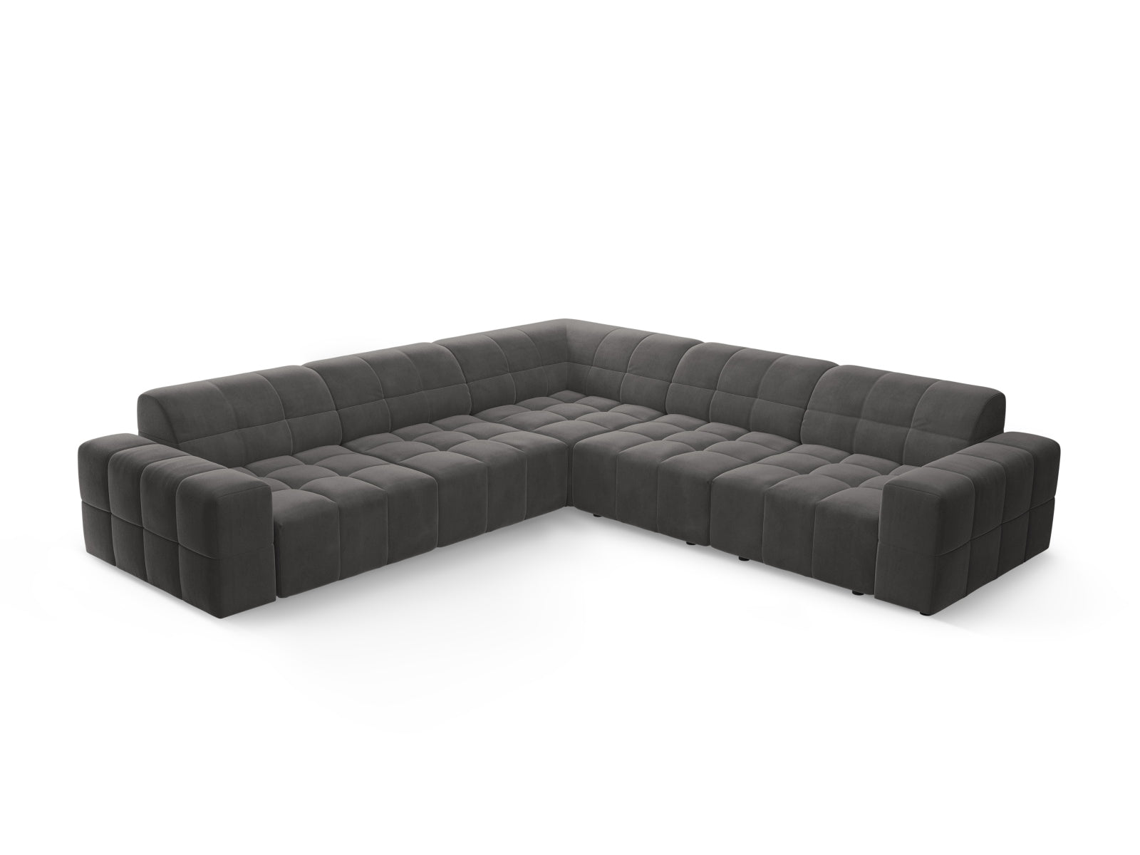 Elegantes Chicago Ecksofa in Grey-Bluvel, 4-Sitzer, 287 cm, perfekt für stilvolle Wohnzimmer, entworfen von Cosmopolitan Design.