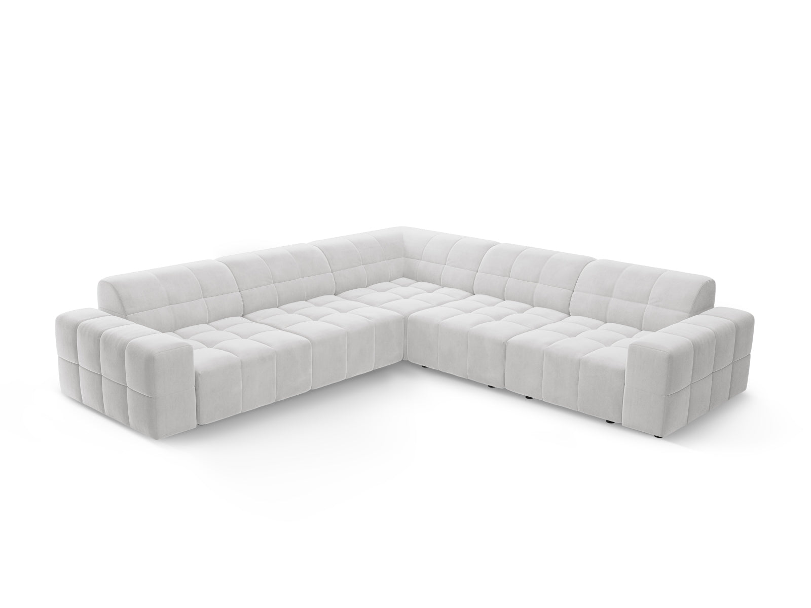 Modernes Chicago Ecksofa in Silver-Bluvel, 4-Sitzer, perfekt für gemütliche und stilvolle Wohnzimmergestaltung.