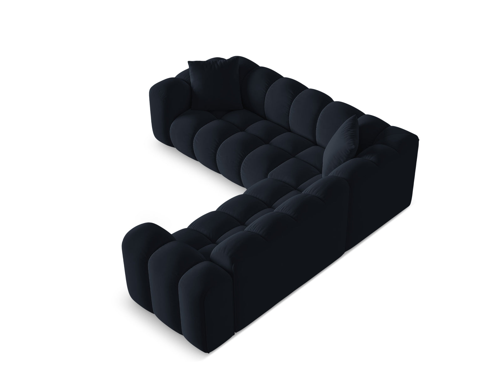 Elegantes 3-Sitzer Ecksofa Symmetric Treno in edlem Blau, ideal für stilvolle Wohnräume und entspannte Abende, von Cosmopolitan Design.