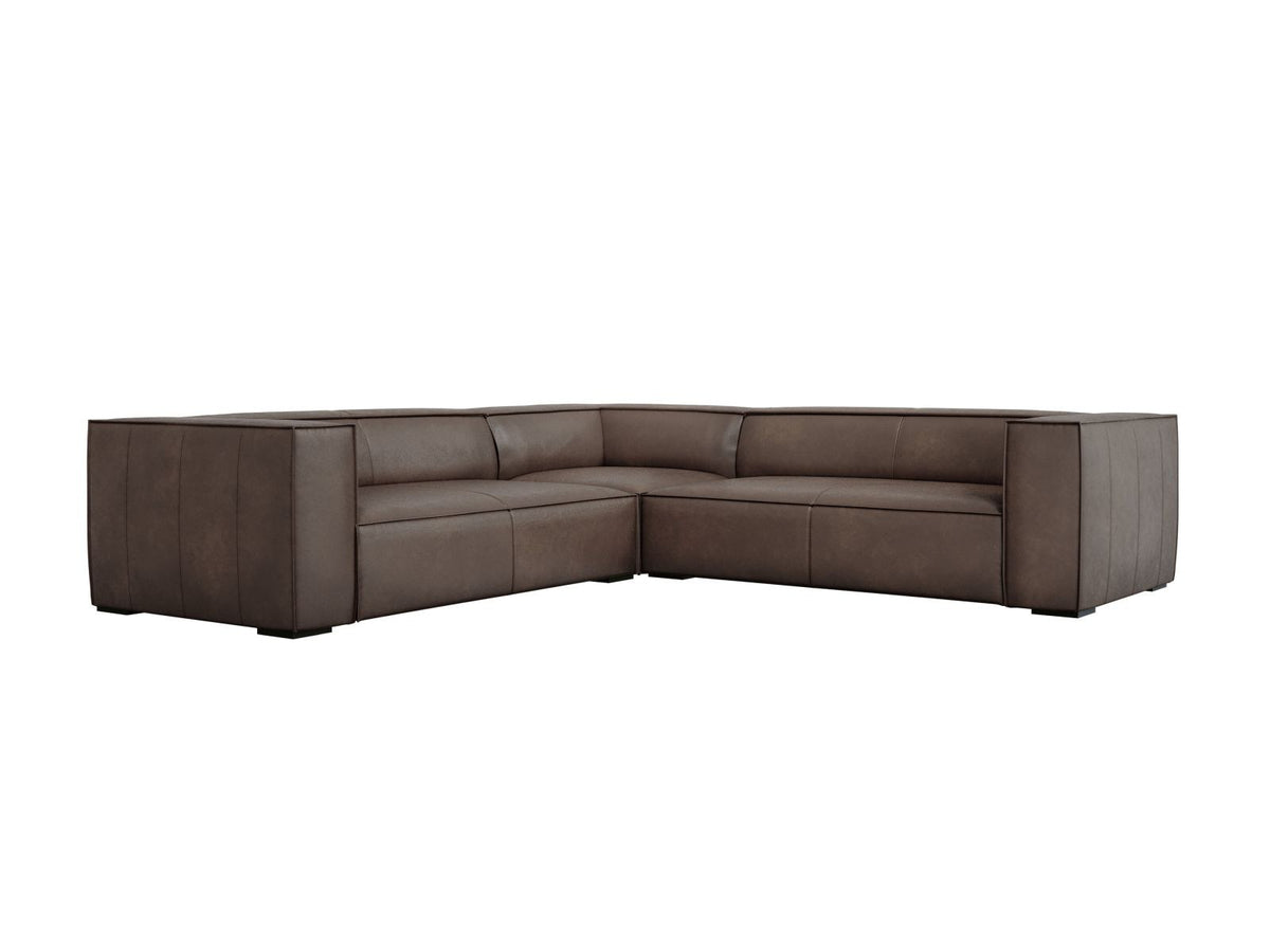 Symmetrisches Ecksofa Turin aus Rindsleder in Grey Brown-Granada, Massivholzrahmen, Beine aus schwarzem Buchenholz, 280x280cm.