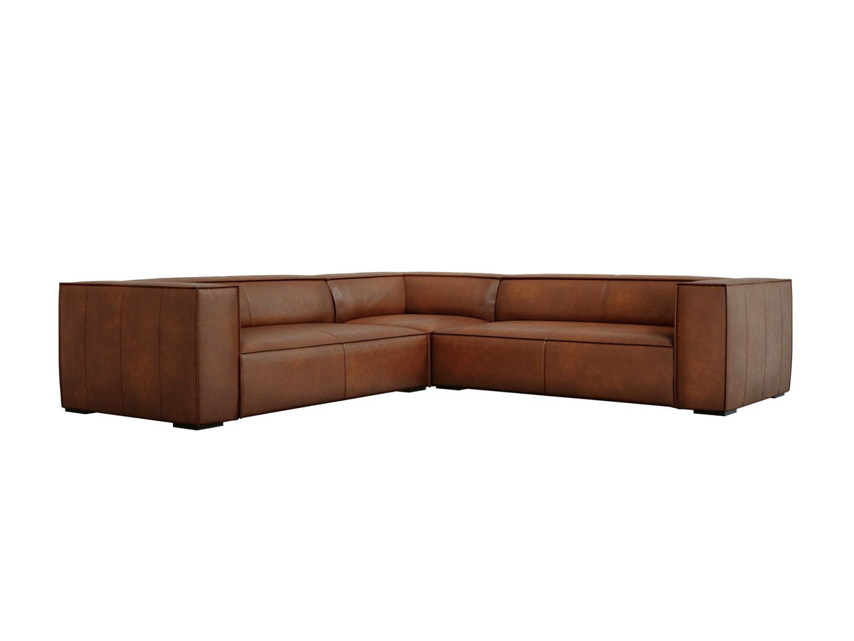 Symmetrisches Ecksofa Turin aus Rindsleder in Grey Brown-Granada, Massivholzrahmen, Beine aus schwarzem Buchenholz, 280x280cm.