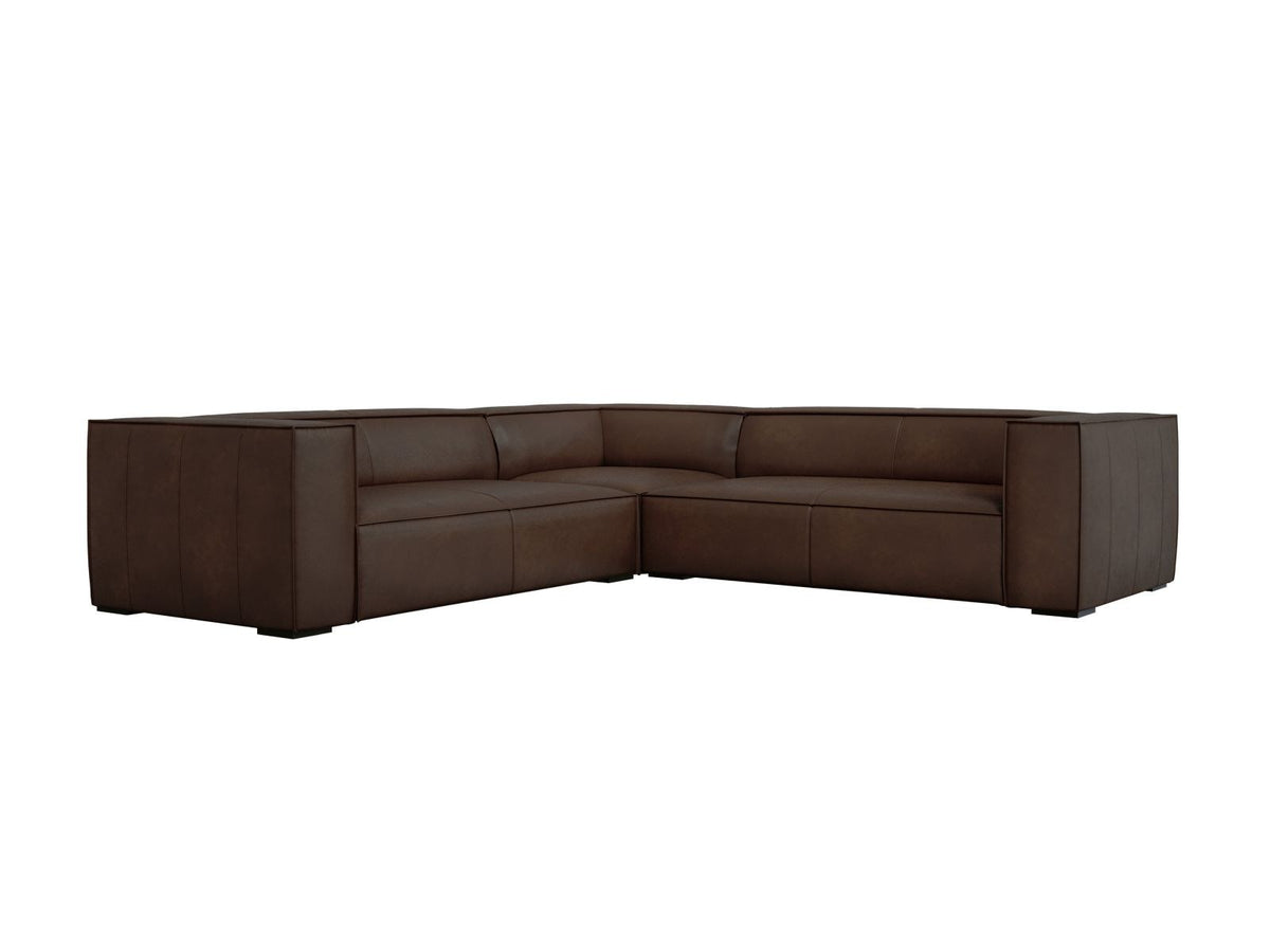 Symmetrisches Ecksofa Turin aus Rindsleder in Grey Brown-Granada, Massivholzrahmen, Beine aus schwarzem Buchenholz, 280x280cm.