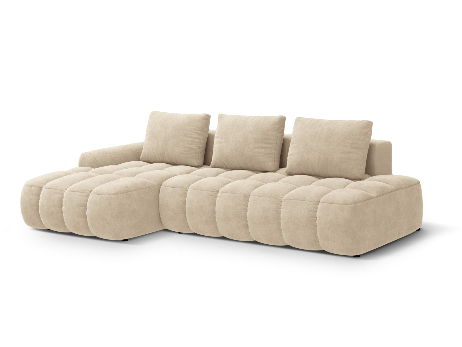 Erleben Sie das Linz Velour Ecksofa links – ein stilvolles 3-Sitzer Sofa mit praktischer Schlaffunktion und Stauraum für Ihr modernes Zuhause!