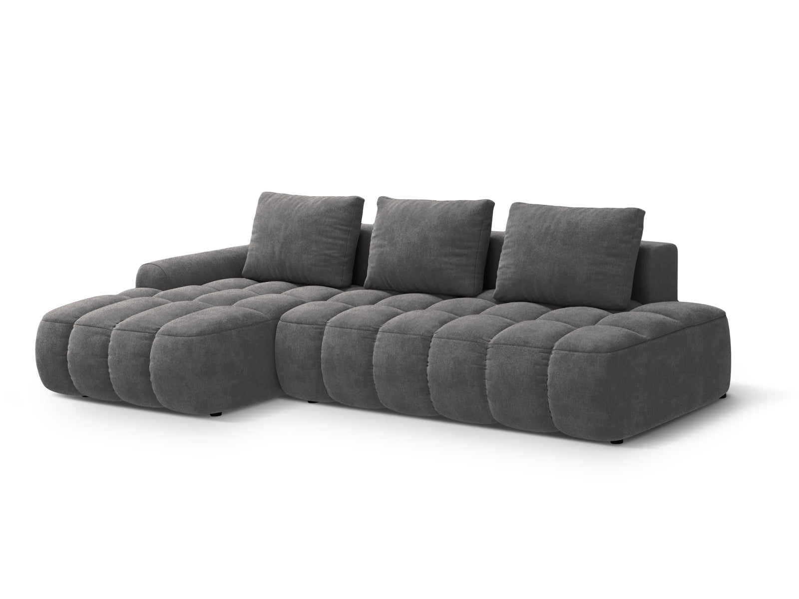 Erleben Sie das Linz Velour Ecksofa links – ein stilvolles 3-Sitzer Sofa mit Schlaffunktion und Stauraum für Ihr modernes Zuhause.