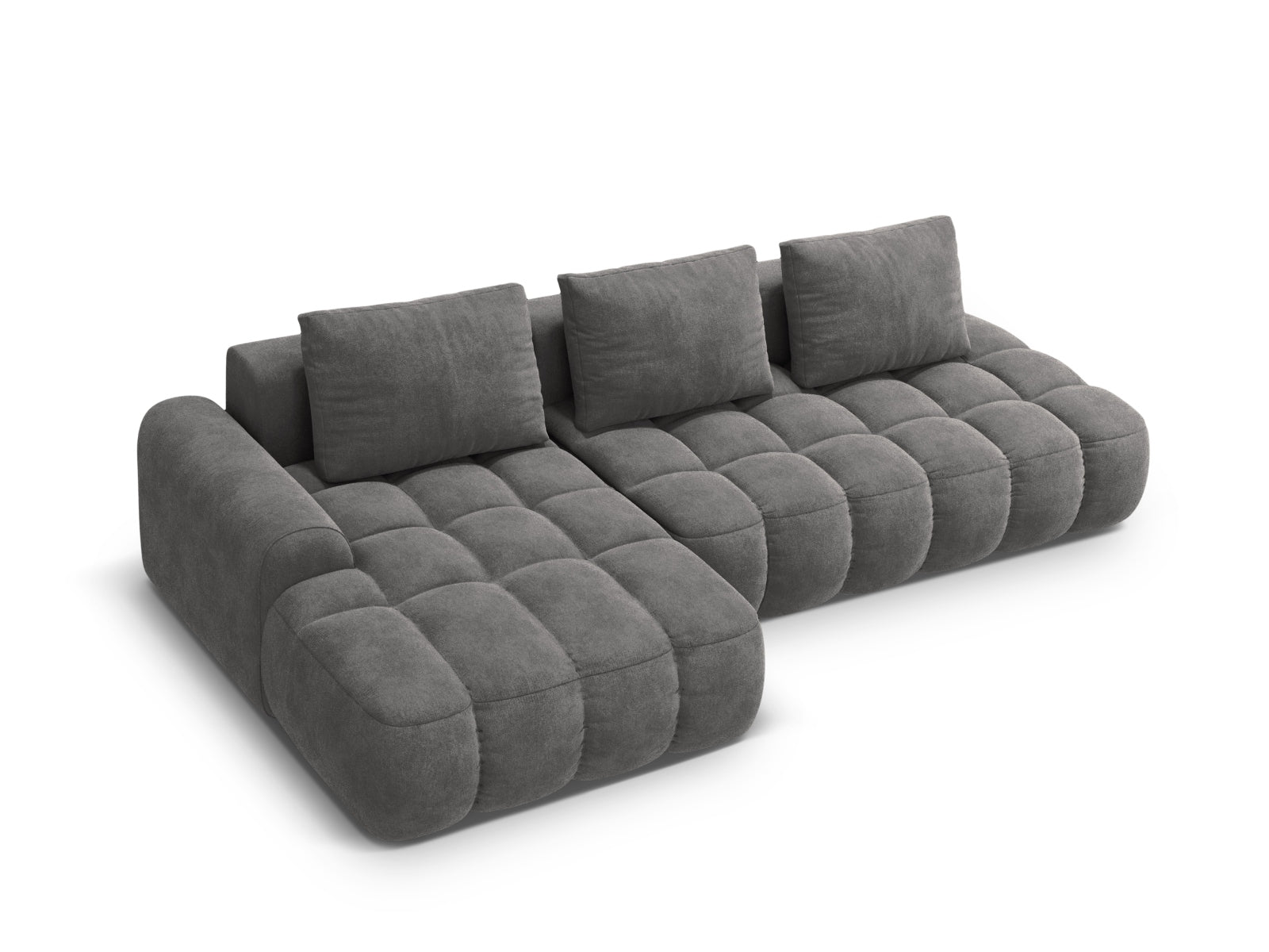 Modernes Linz Ecksofa mit offener linker Seite, 3-Sitzer, ausgestattet mit Schlaffunktion und Stauraum für Kissen und Decken.