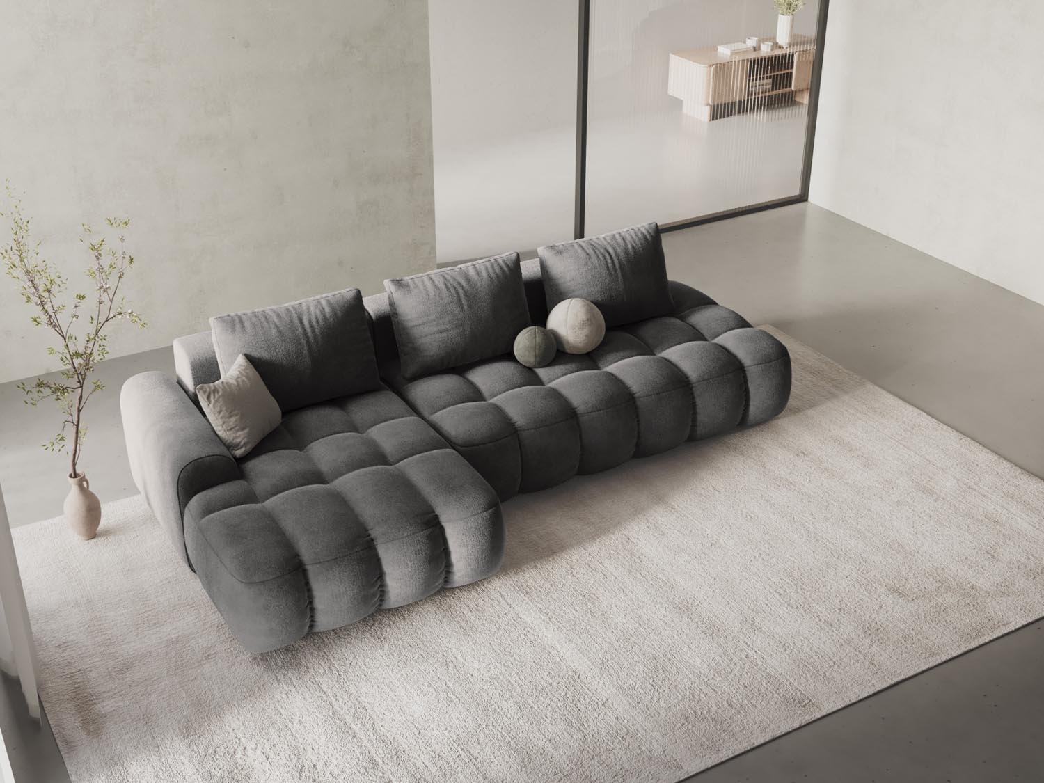 Entdecken Sie das elegante Linz Velour Ecksofa links mit Schlaffunktion und Stauraum. Ideal für stilvolle Wohnräume und gemütliche Nächte.