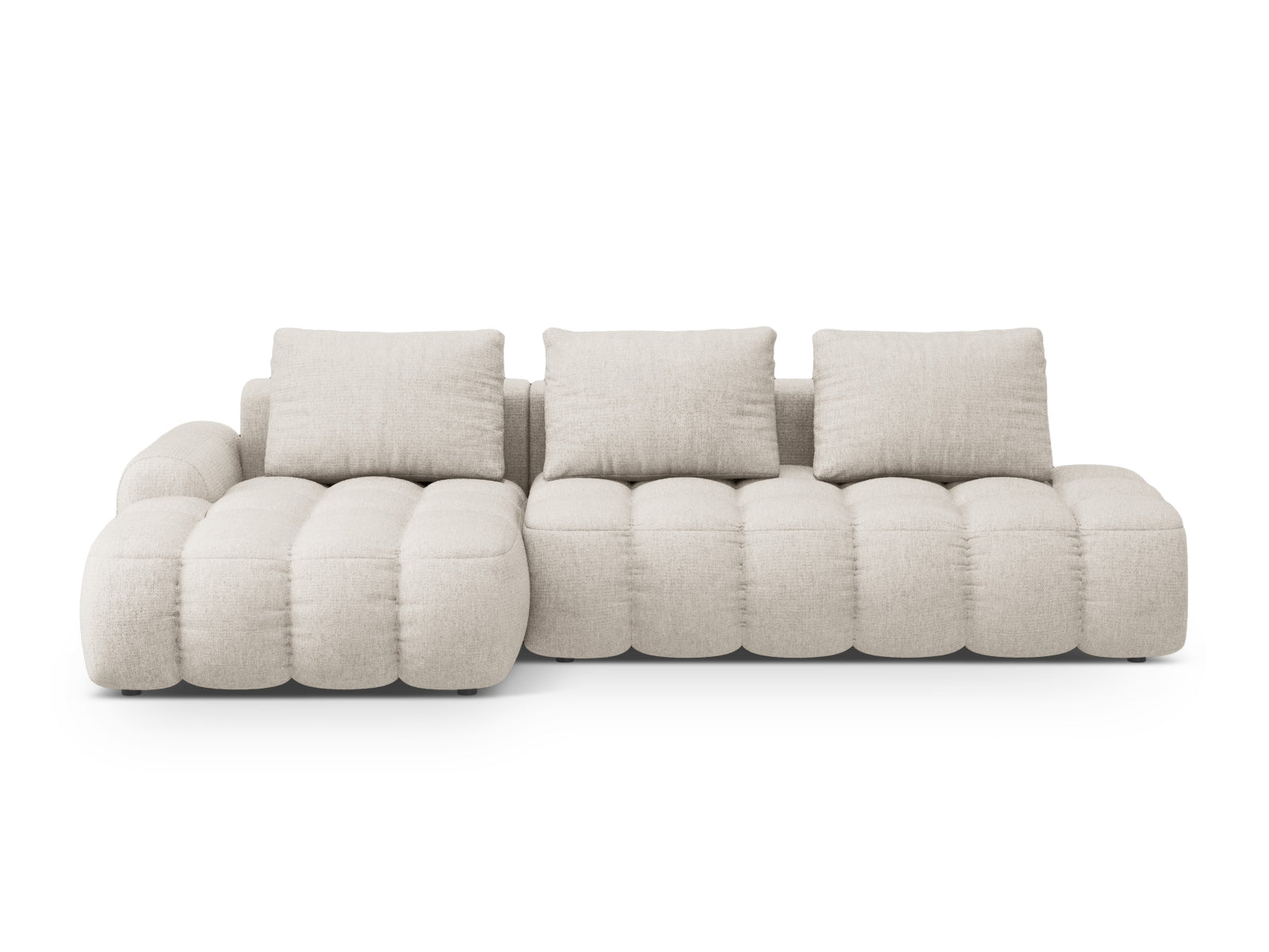 Beige Linz Ecksofa mit offener Enden links, 3-Sitzer, bietet Schlaffunktion und praktischen Stauraum für moderne Wohnkonzepte.