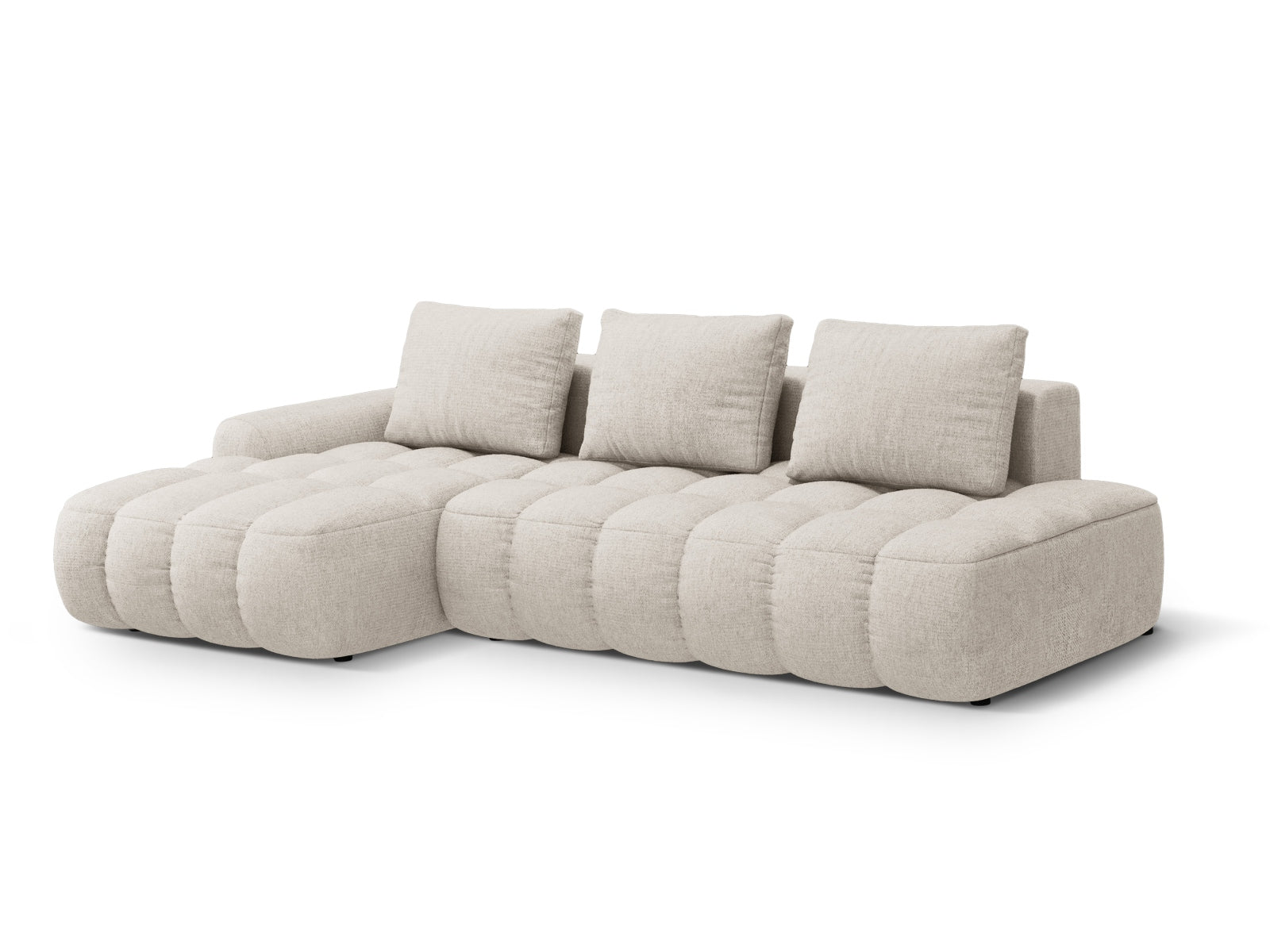 Beiges Linz Ecksofa mit offener linker Seite, 3-Sitzer, bietet Schlafmöglichkeit und Stauraum für moderne Wohnräume.