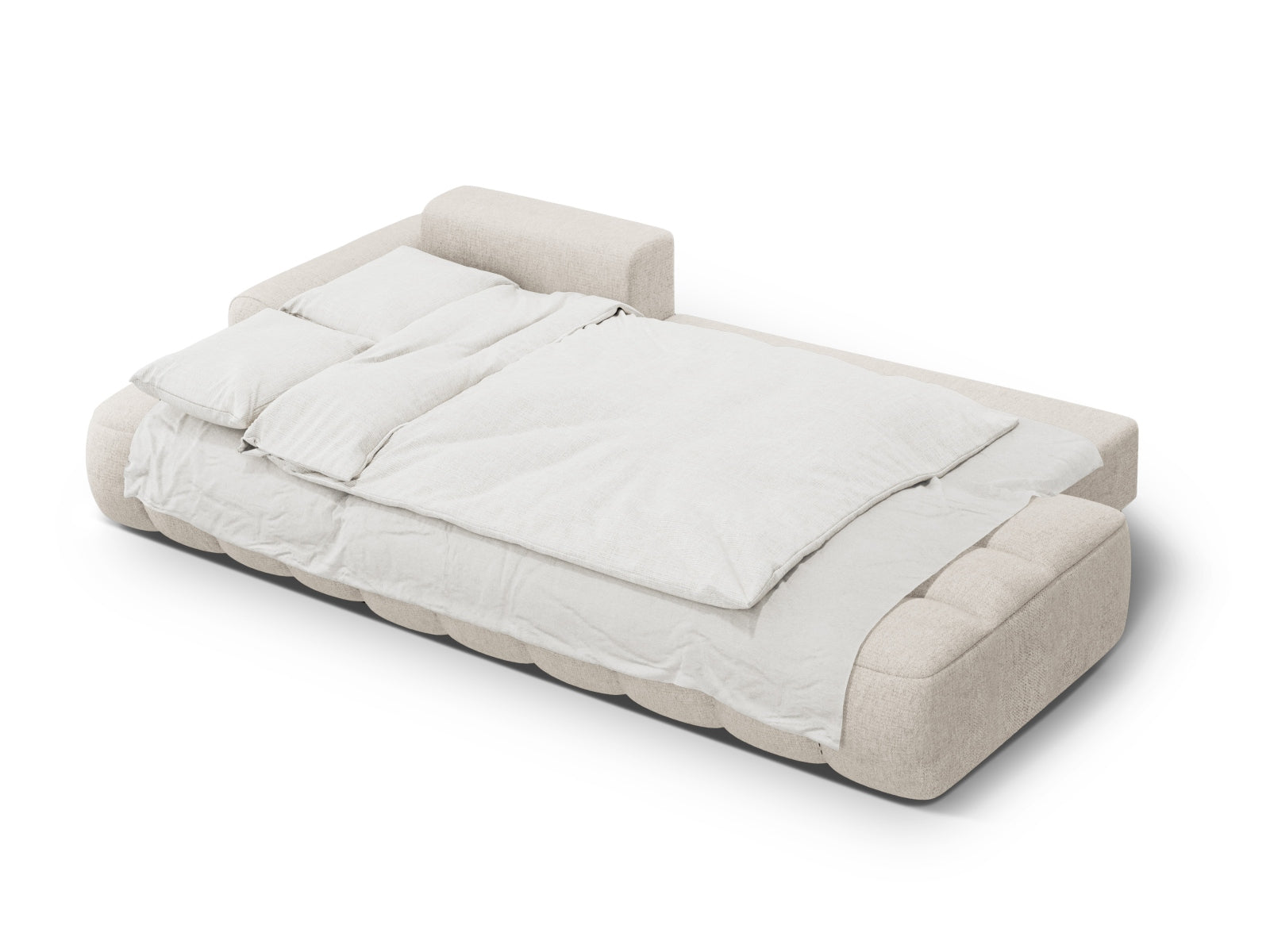 Beiges Linz Ecksofa mit offener linker Seite, 3-Sitzer, ideal für Schlafgelegenheit und zusätzlichen Stauraum im modernen Wohnraum.