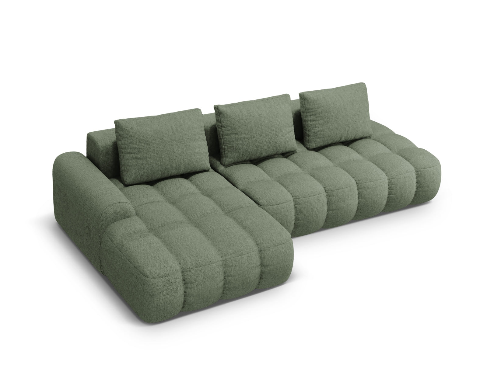 Modernes Linz Ecksofa mit offener linker Seite, 3-Sitzer, ausgestattet mit Schlaffunktion und praktischer Stauraumbox für zusätzlichen Platz.