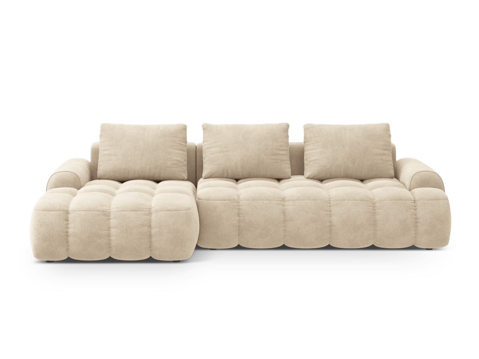 Linz Velour Ecksofa links mit Schlaffunktion und Stauraumbox 3 Sitzer 142cm in Light Beige-Vogue präsentiert im Onlineshop von KAQTU Design AG. Bettsofa links ist von Cosmopolitan Design