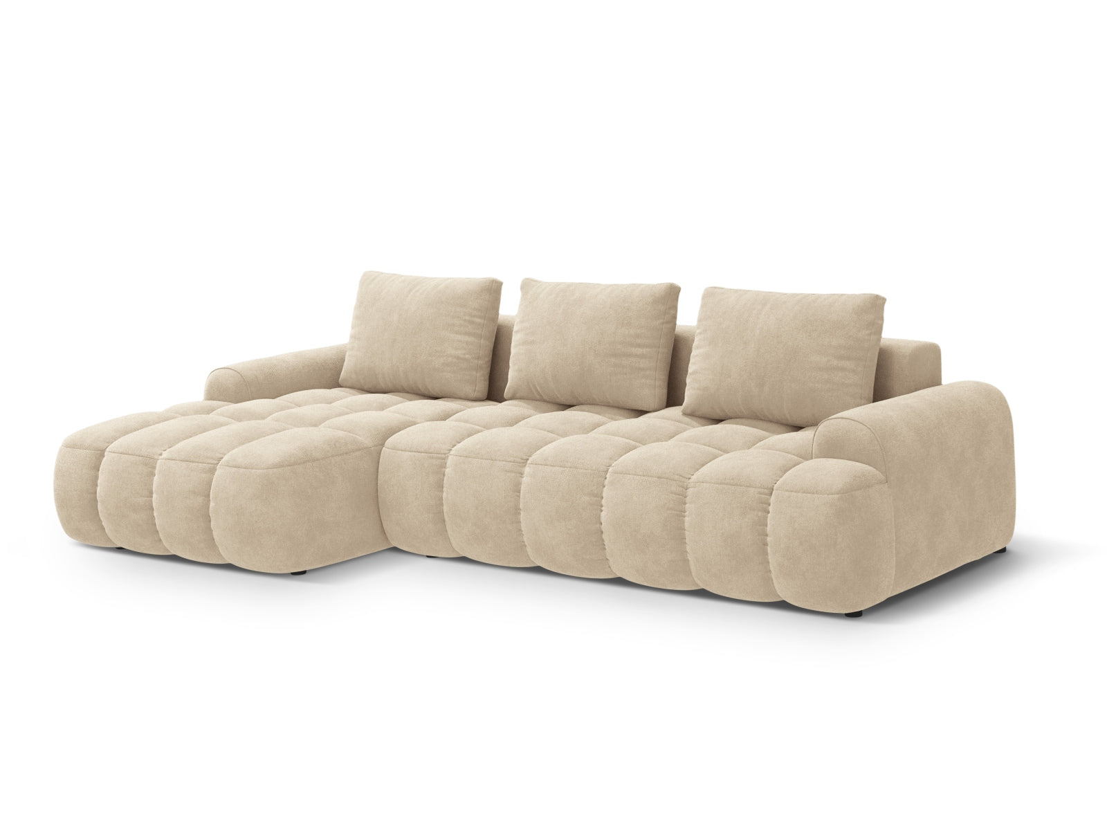 Modernes Linz Ecksofa links mit Schlaffunktion und Stauraum, 3-Sitzer in stilvollem Light Beige-Vogue, perfekt für gemütliche Wohnzimmer.