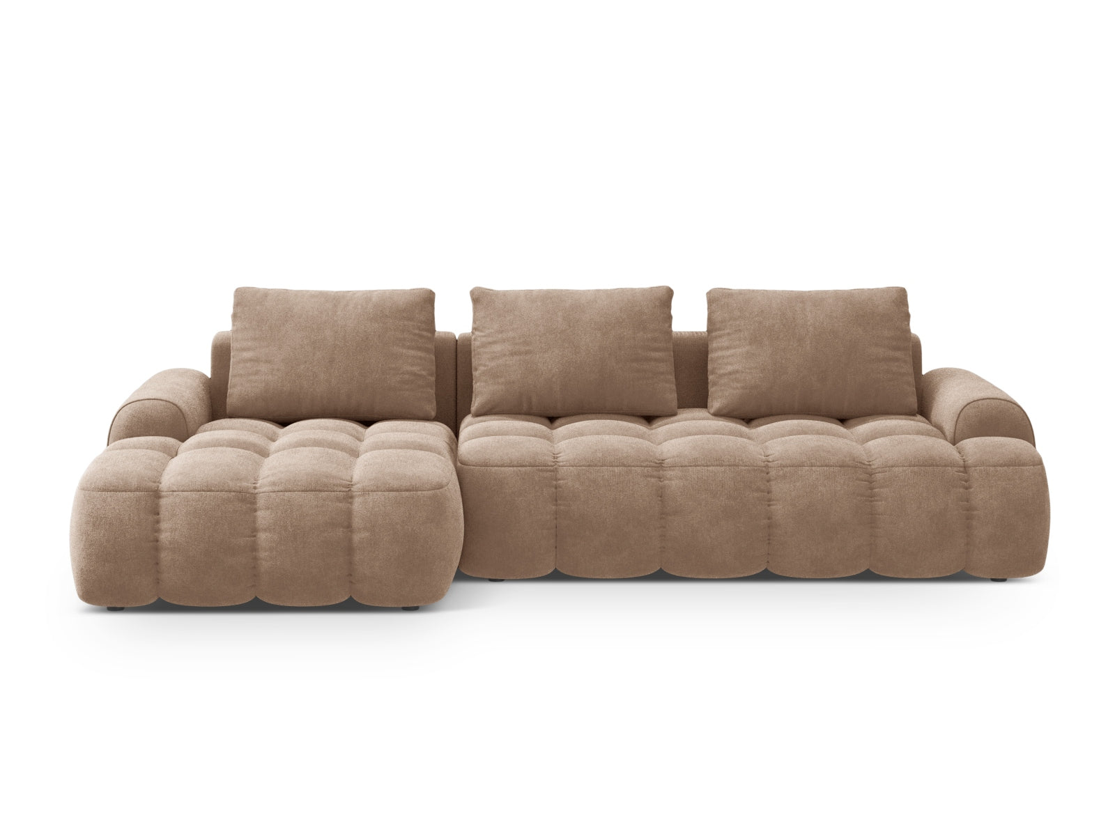 Linz Velour Ecksofa links mit Schlaffunktion und Stauraumbox 3 Sitzer 142cm in Dark Beige-Vogue präsentiert im Onlineshop von KAQTU Design AG. Bettsofa links ist von Cosmopolitan Design