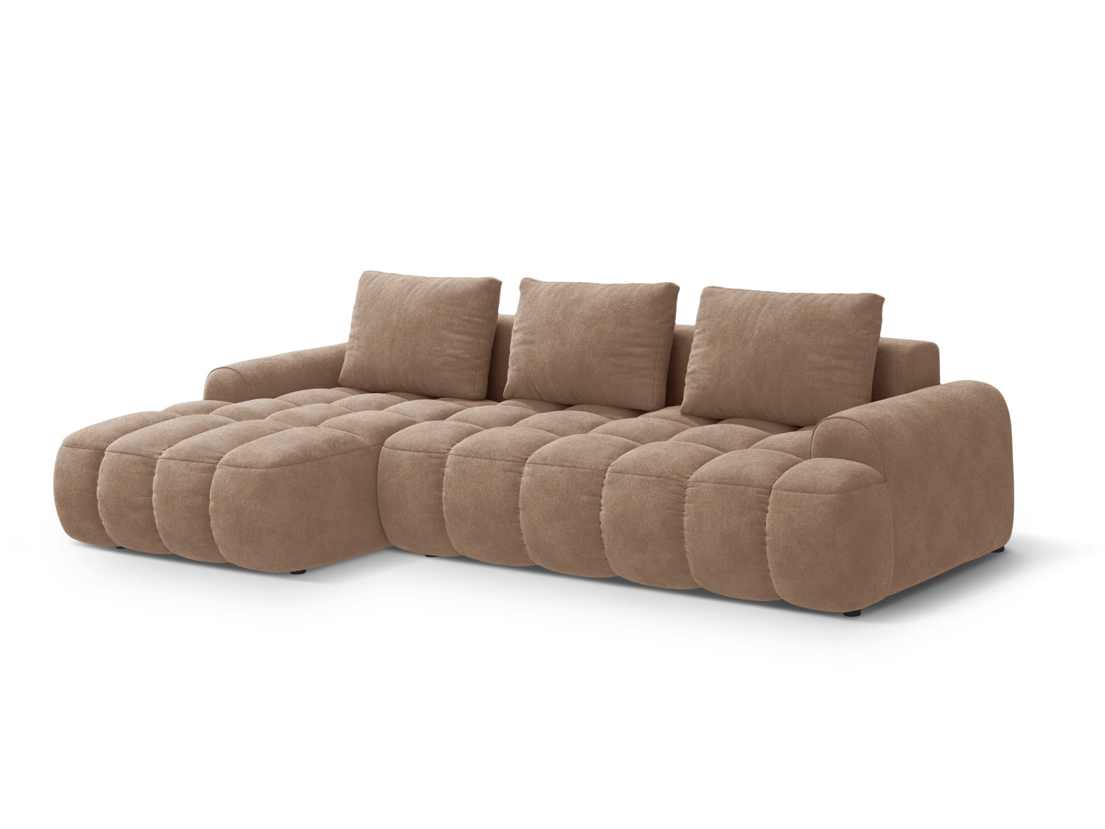 Elegantes Linz Ecksofa links mit Schlaffunktion und Stauraum, 3-Sitzer in stilvollem Dunkelbeige, perfekt für zeitgemäße Wohnkonzepte.