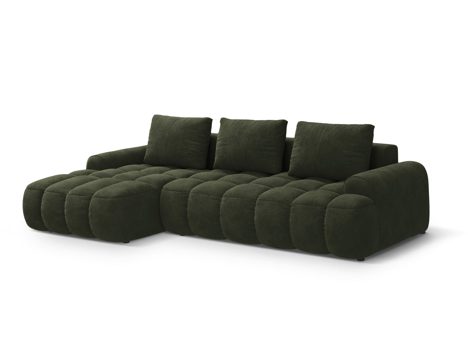 Elegantes Linz Ecksofa links in trendigem Green-Vogue, 3-Sitzer mit Schlafoption und Stauraum, perfekt für stilvolle Wohnräume.