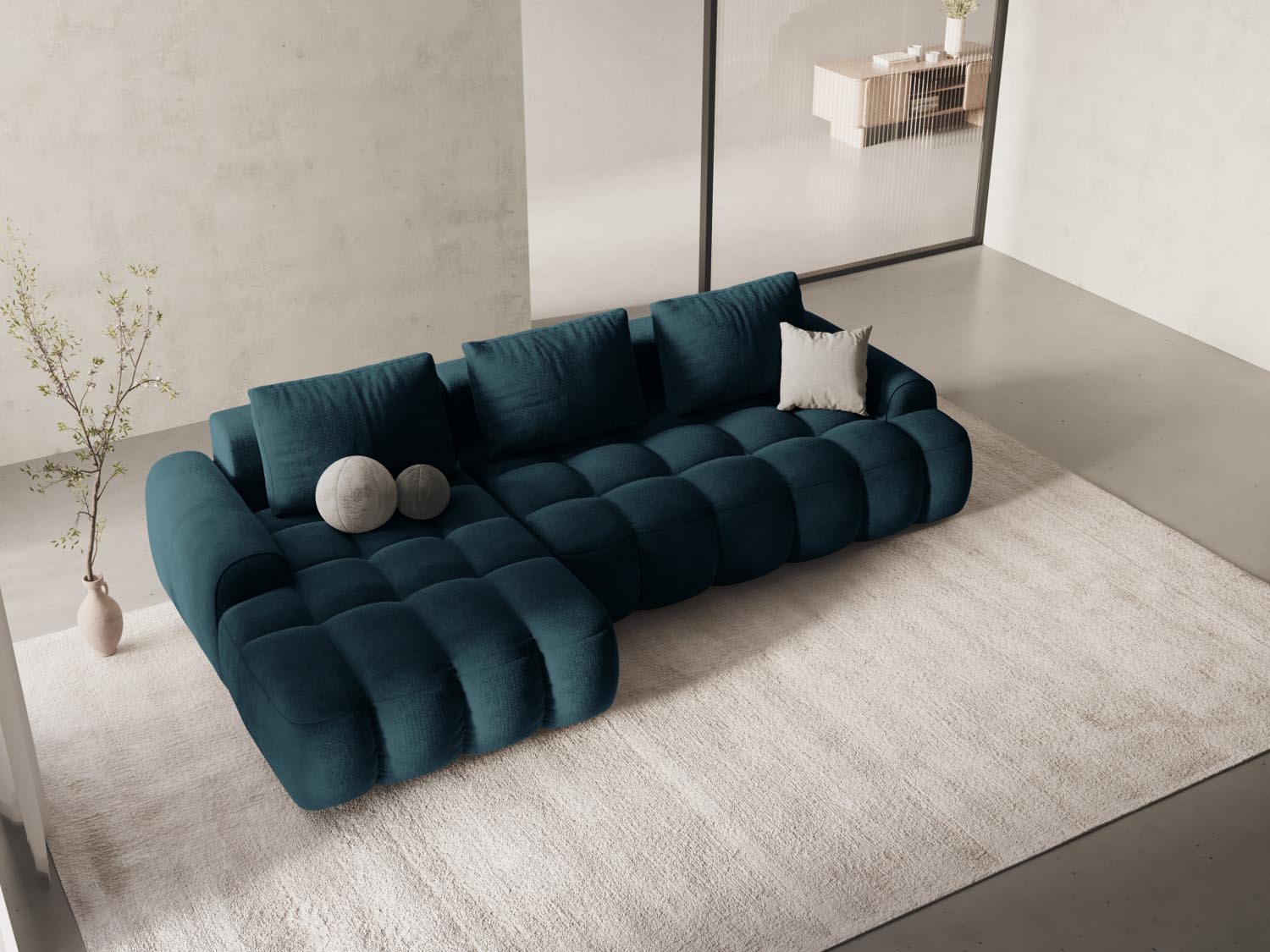 Linz Ecksofa links in Deep Petrol-Vogue mit Schlaffunktion und Stauraum, stilvolles 3-Sitzer Möbelstück von Cosmopolitan Design.