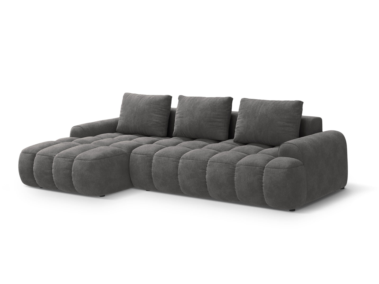 Erleben Sie das Linz Velour Ecksofa links – ein stilvolles 3-Sitzer Sofa mit Schlaffunktion und Stauraum für Ihr modernes Zuhause.