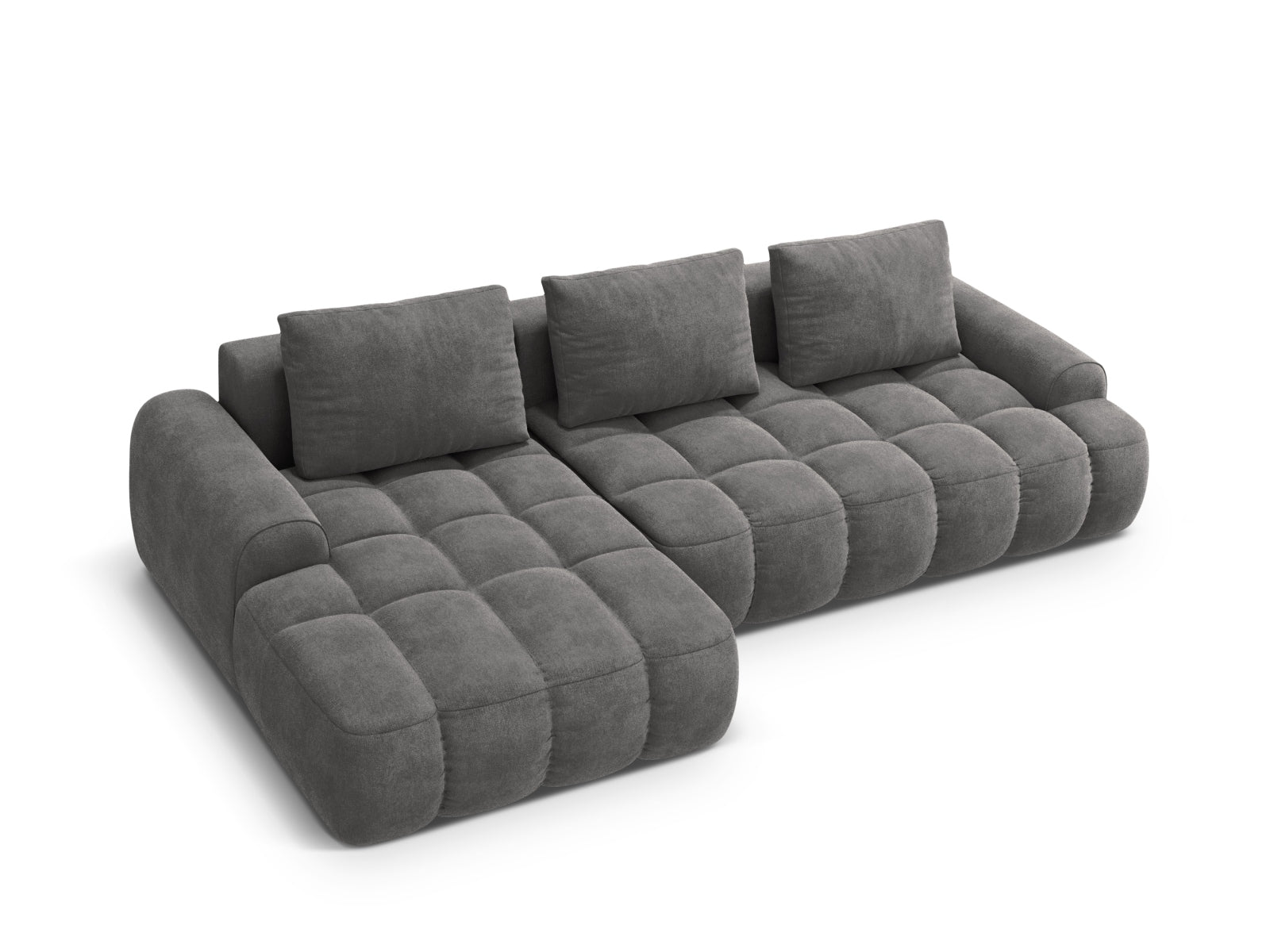 Entdecken Sie das Linz Velour Ecksofa links – ein elegantes 3-Sitzer Sofa mit praktischer Schlaffunktion und Stauraum für Ihr Wohnzimmer.