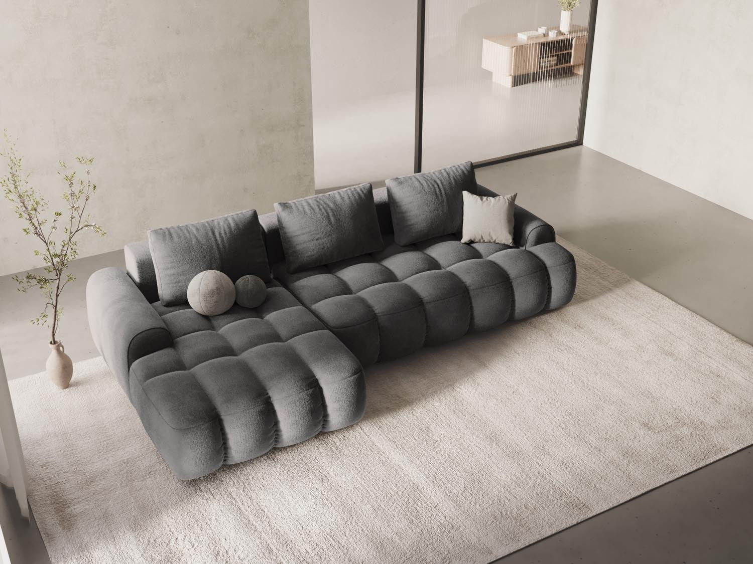 Entdecken Sie das elegante Linz Velour Ecksofa links mit Schlaffunktion und Stauraum. Ideal für stilvolle Wohnräume und gemütliche Nächte.