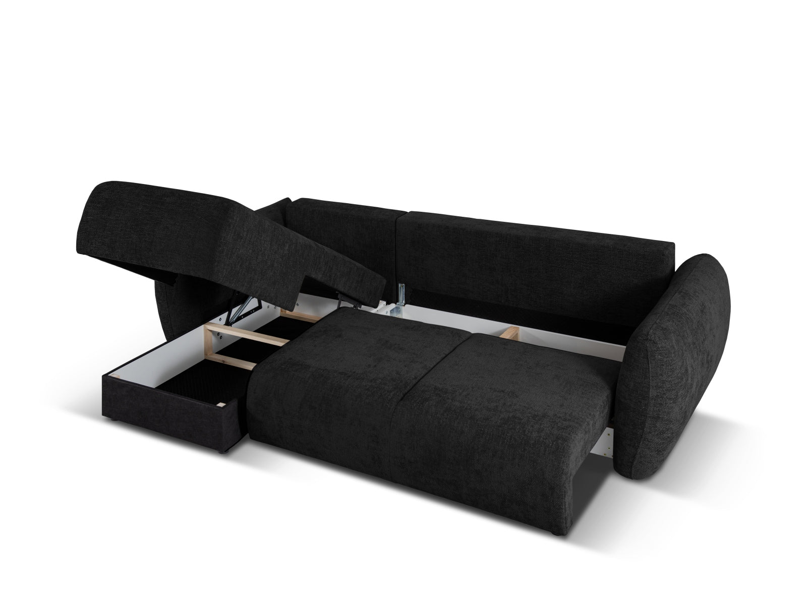 Stylisches 4-Sitzer Ecksofa links mit praktischer Bettfunktion, Modell Matera in elegantem Schwarz, ideal für stilvolle Wohnräume.