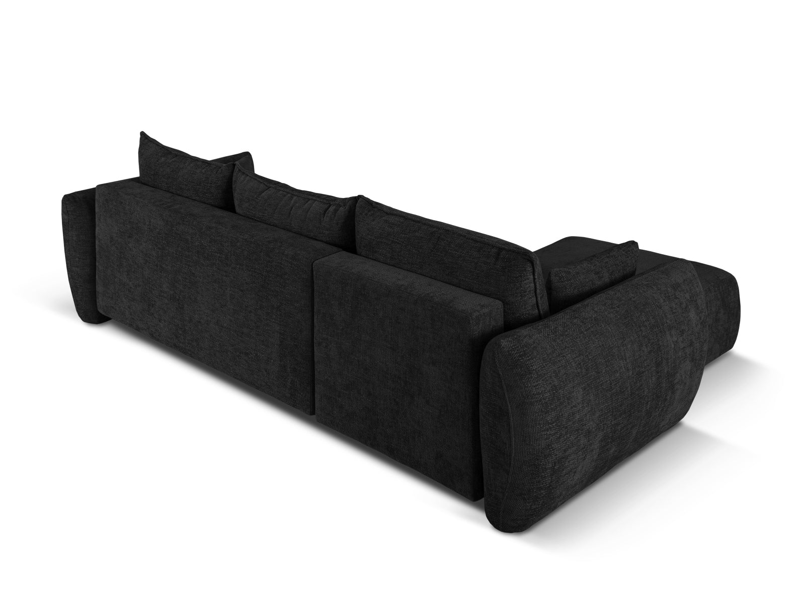 Elegantes 4-Sitzer Ecksofa links mit praktischer Bettfunktion, Modell Matera in klassischem Schwarz, ideal für entspannte Stunden und modernes Wohnen.