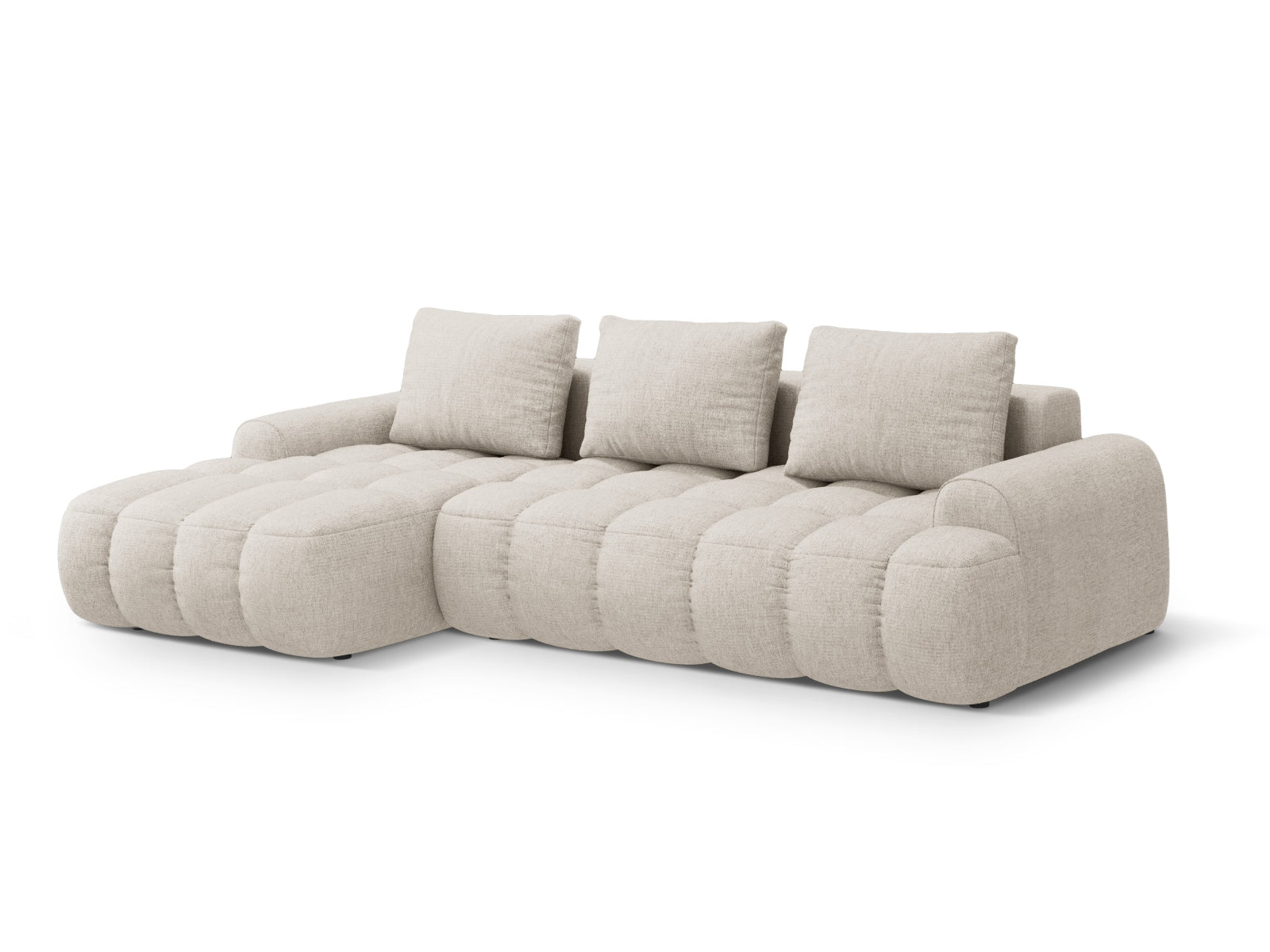 Beige Linz Ecksofa links mit Schlaffunktion, 3-Sitzer, 142 cm, kombiniert Komfort und Funktionalität in einem eleganten Design.