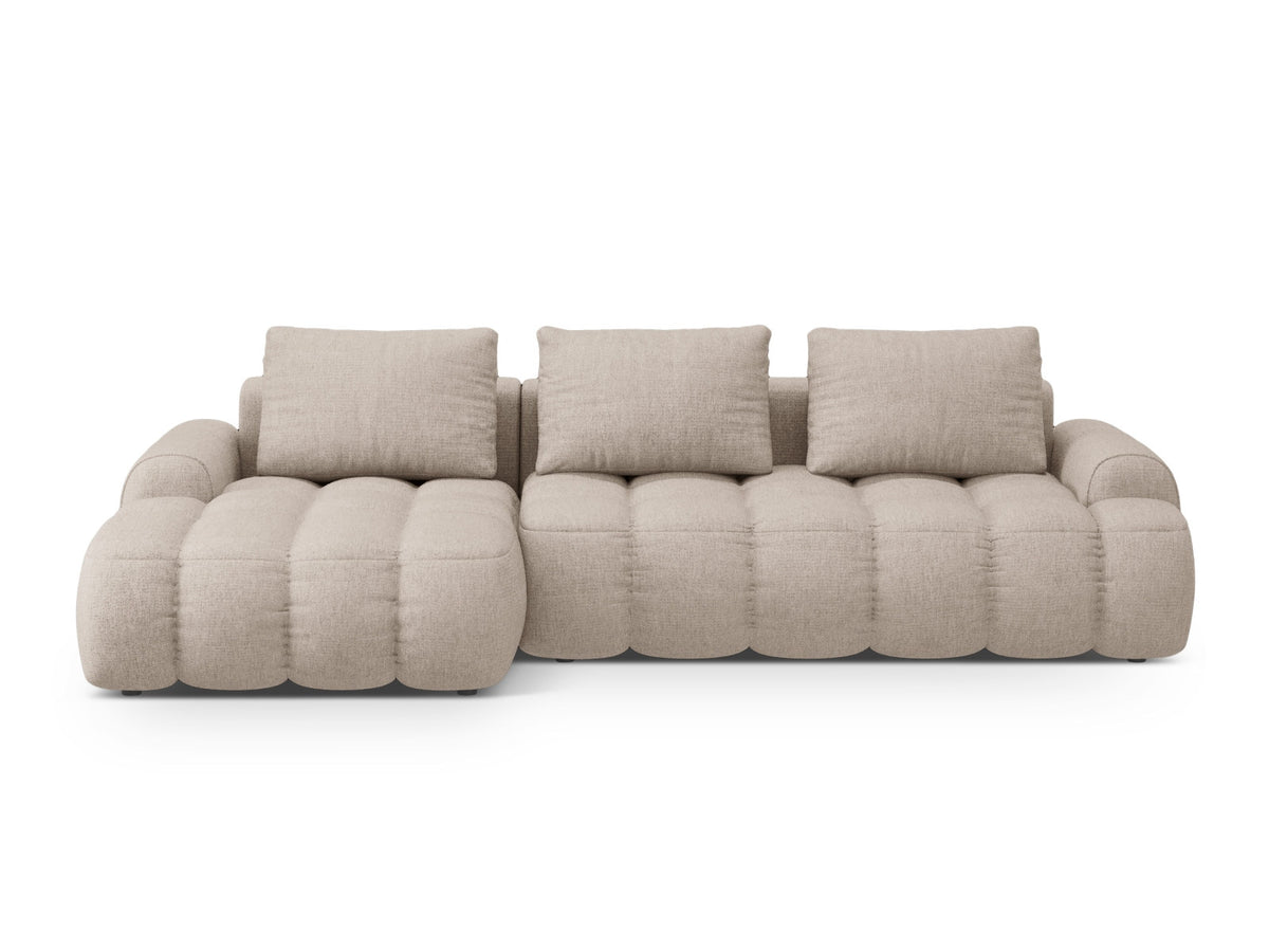 Linz Ecksofa links mit Schlaffunktion und Stauraumbox 3 Sitzer 142cm in Sand-Sorella präsentiert im Onlineshop von KAQTU Design AG. Bettsofa links ist von Cosmopolitan Design
