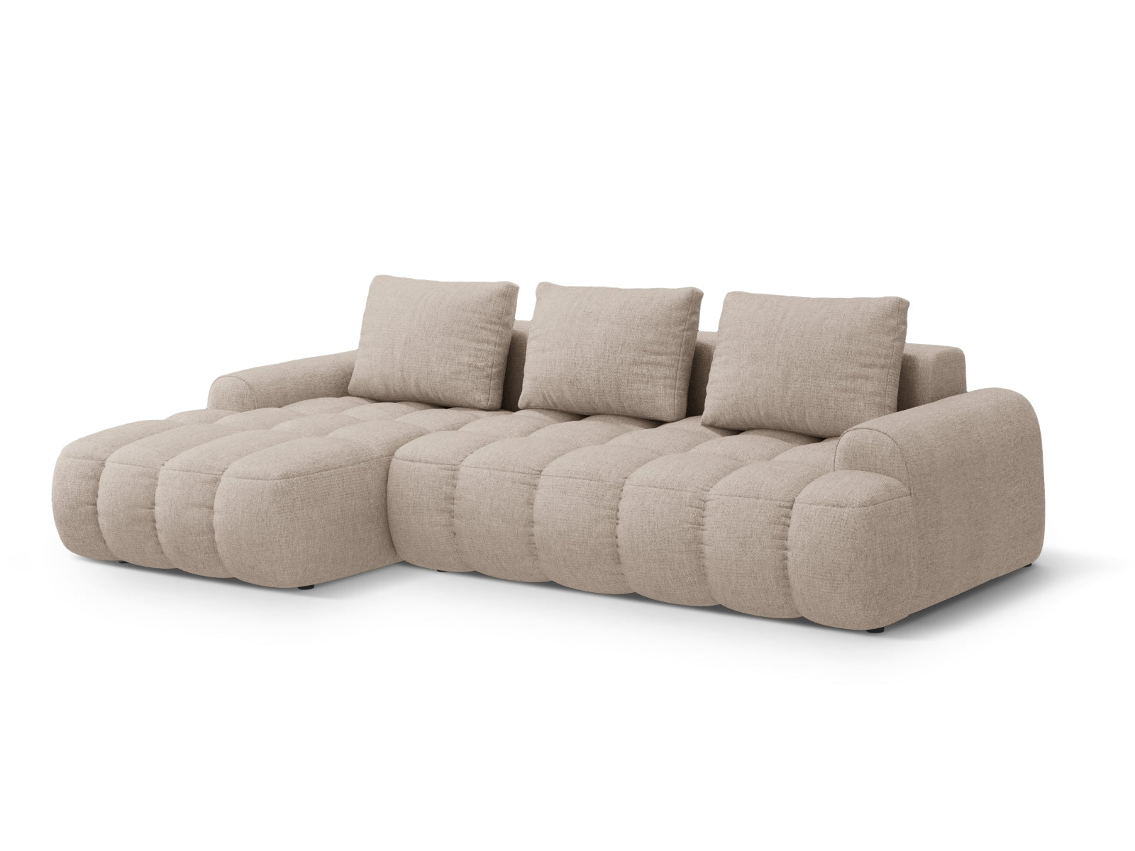 Elegantes Linz Ecksofa links in Sand-Sorella, 3-Sitzer mit Schlaffunktion und Stauraum, perfekt für gemütliche Abende und stilvolle Einrichtung.