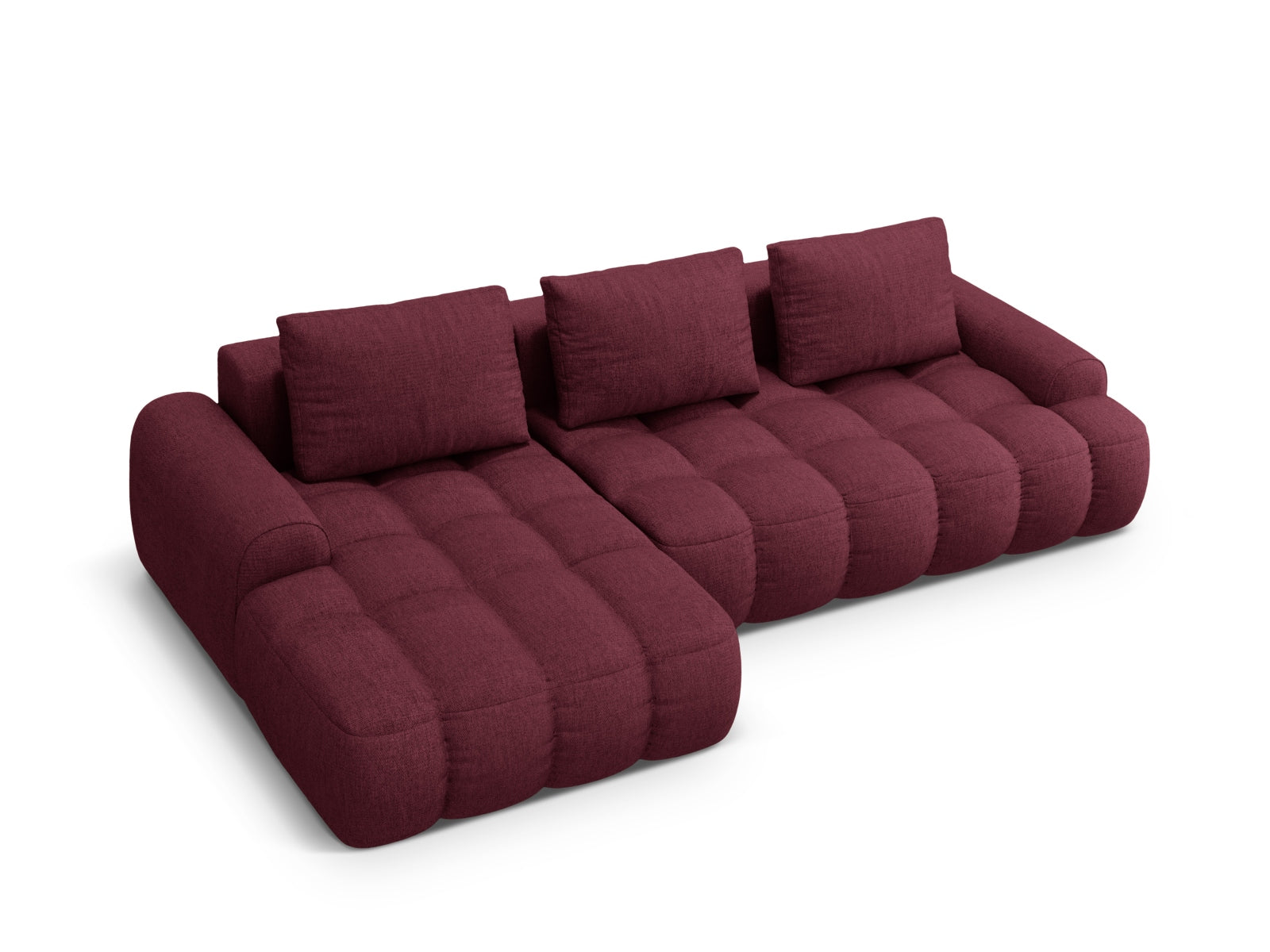 Modernes Linz Ecksofa in edlem Burgunderrot, 3-Sitzer mit Schlaffunktion und Stauraum, perfekt für gemütliche Wohnräume.