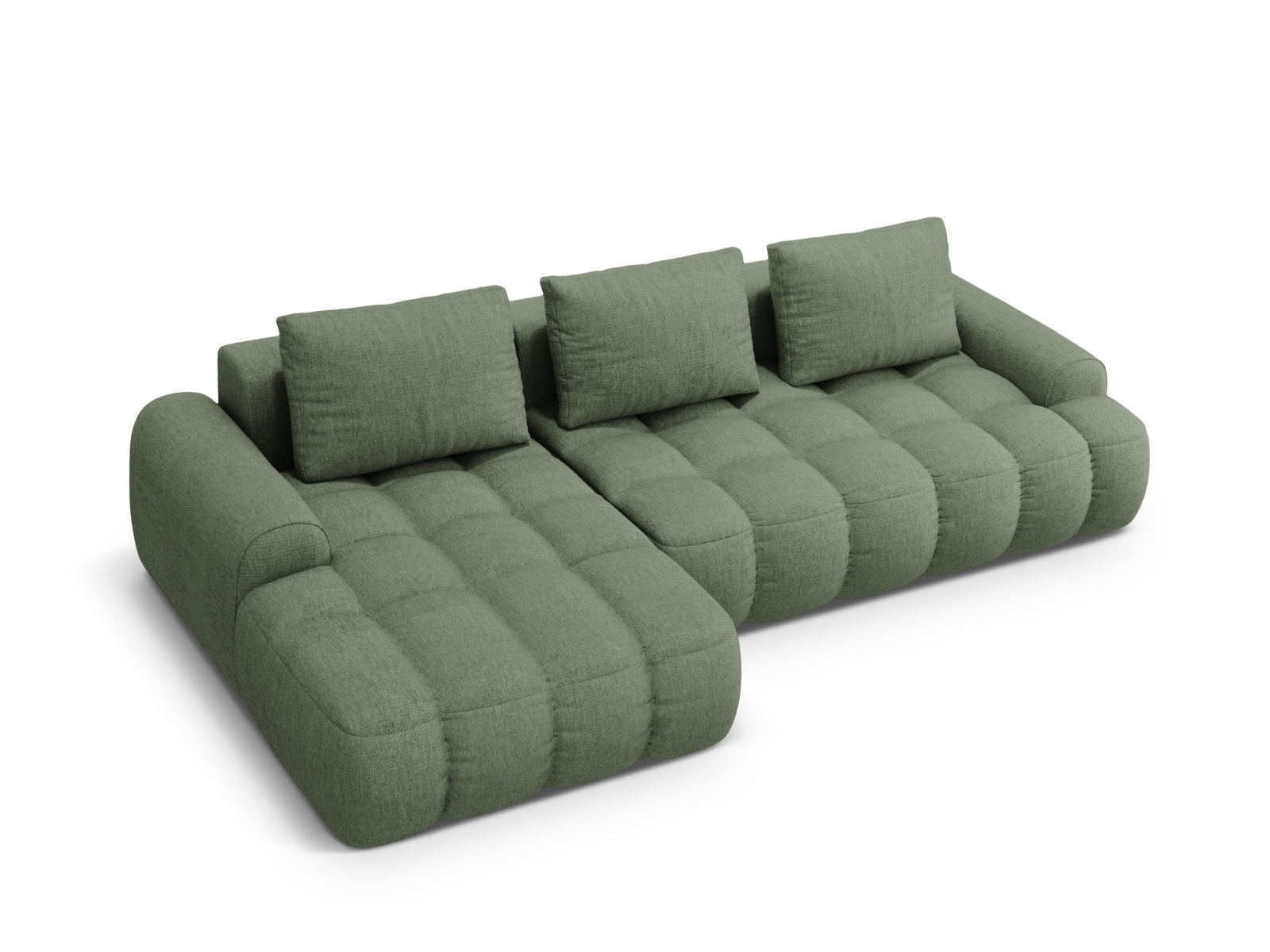Modernes Linz Ecksofa in Dunkeloliv, 3-Sitzer mit Schlaffunktion und Stauraum, ideal für gemütliche und platzsparende Wohnlösungen.