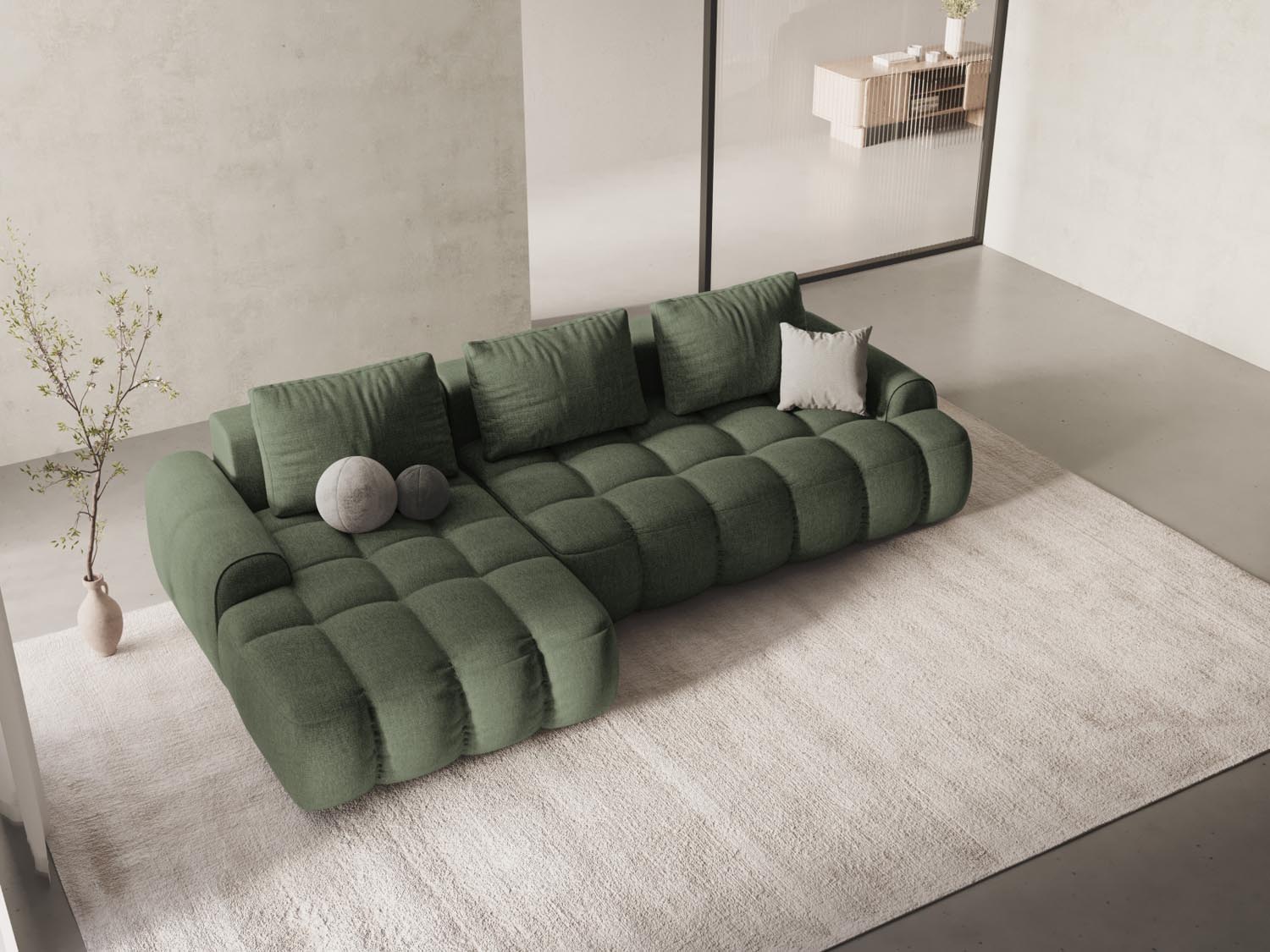 Stylisches Linz Ecksofa in Dunkeloliv mit Schlaffunktion und Stauraum, ideal für moderne Wohnräume und gemütliche Nächte.