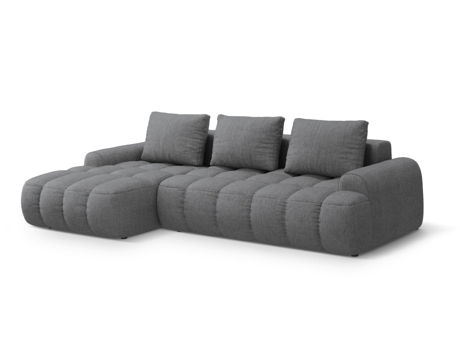Elegantes Linz Ecksofa links in zeitlosem Grau, ausgestattet mit Schlaffunktion und praktischer Stauraumbox für zusätzlichen Komfort.