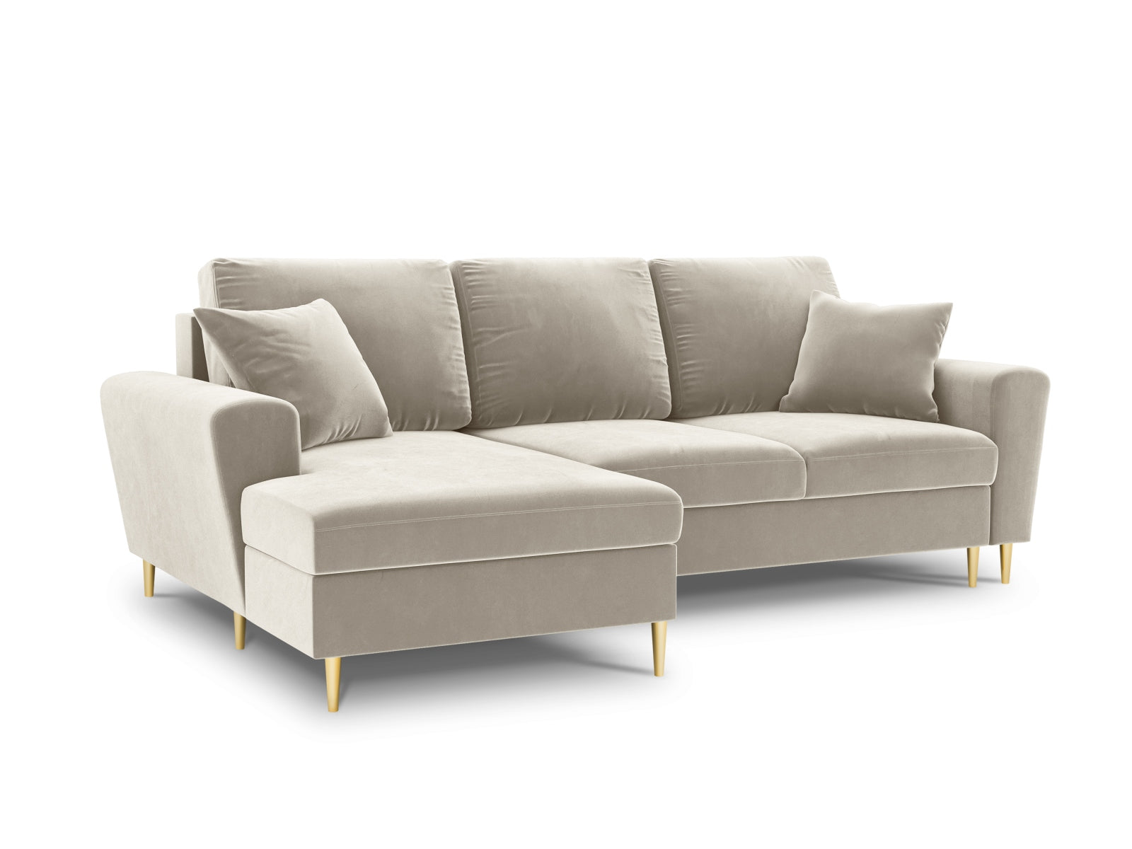 Kyoto Velour Ecksofa links mit Schlaffunktion und Stauraumbox 4 Sitzer 145cm in Light Beige-Riviera präsentiert im Onlineshop von KAQTU Design AG. Bettsofa links ist von Cosmopolitan Design