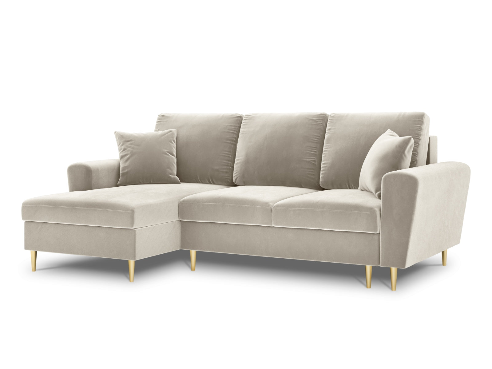 Elegantes Kyoto Ecksofa links mit Schlaffunktion, 4-Sitzer in hellem Beige, bietet zusätzlichen Stauraum und modernen Komfort für Ihr Zuhause.