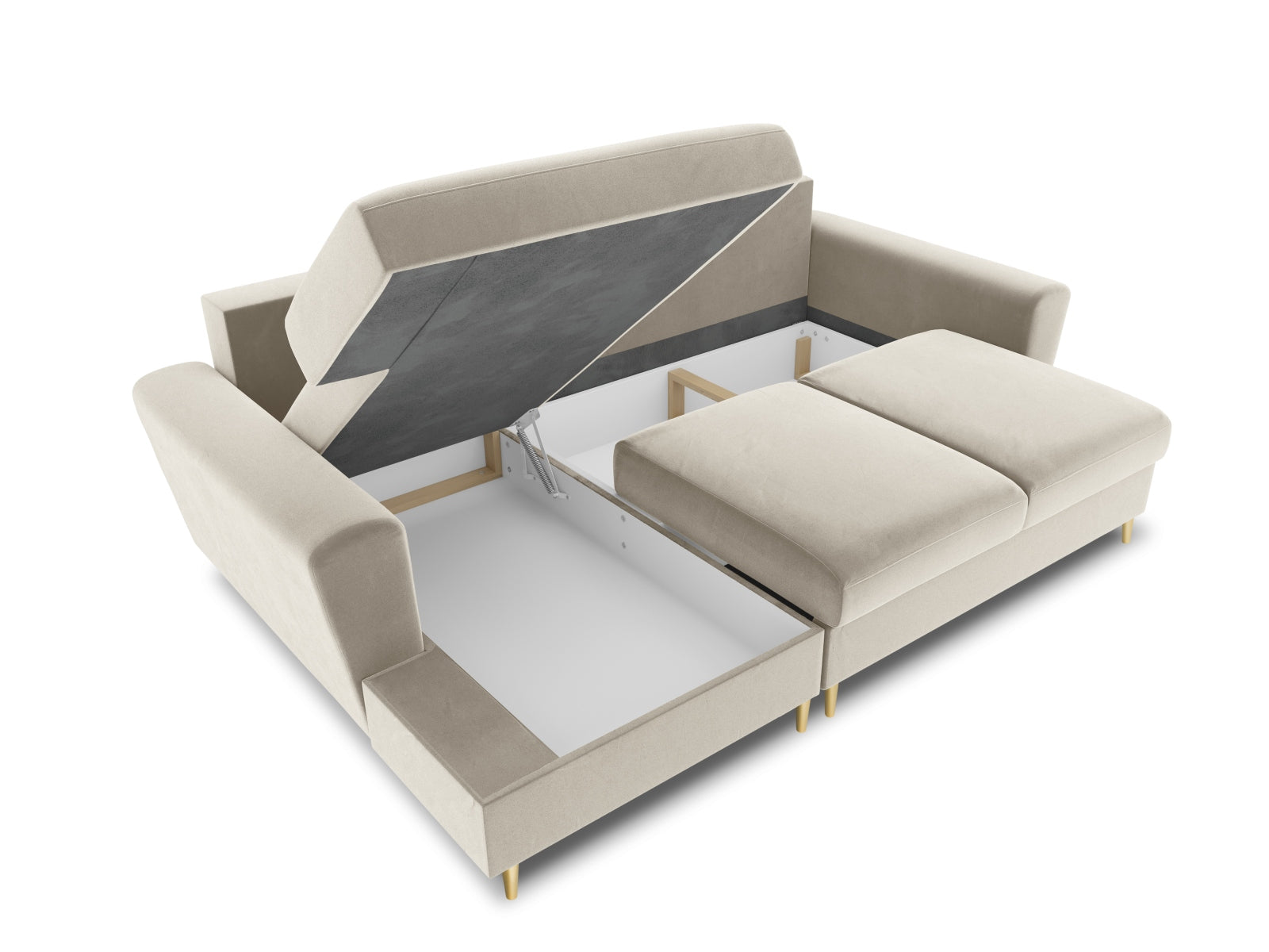 Modernes Kyoto Ecksofa links in sanftem Beige, 4-Sitzer mit praktischer Schlaffunktion und integriertem Stauraum für vielseitige Nutzung.