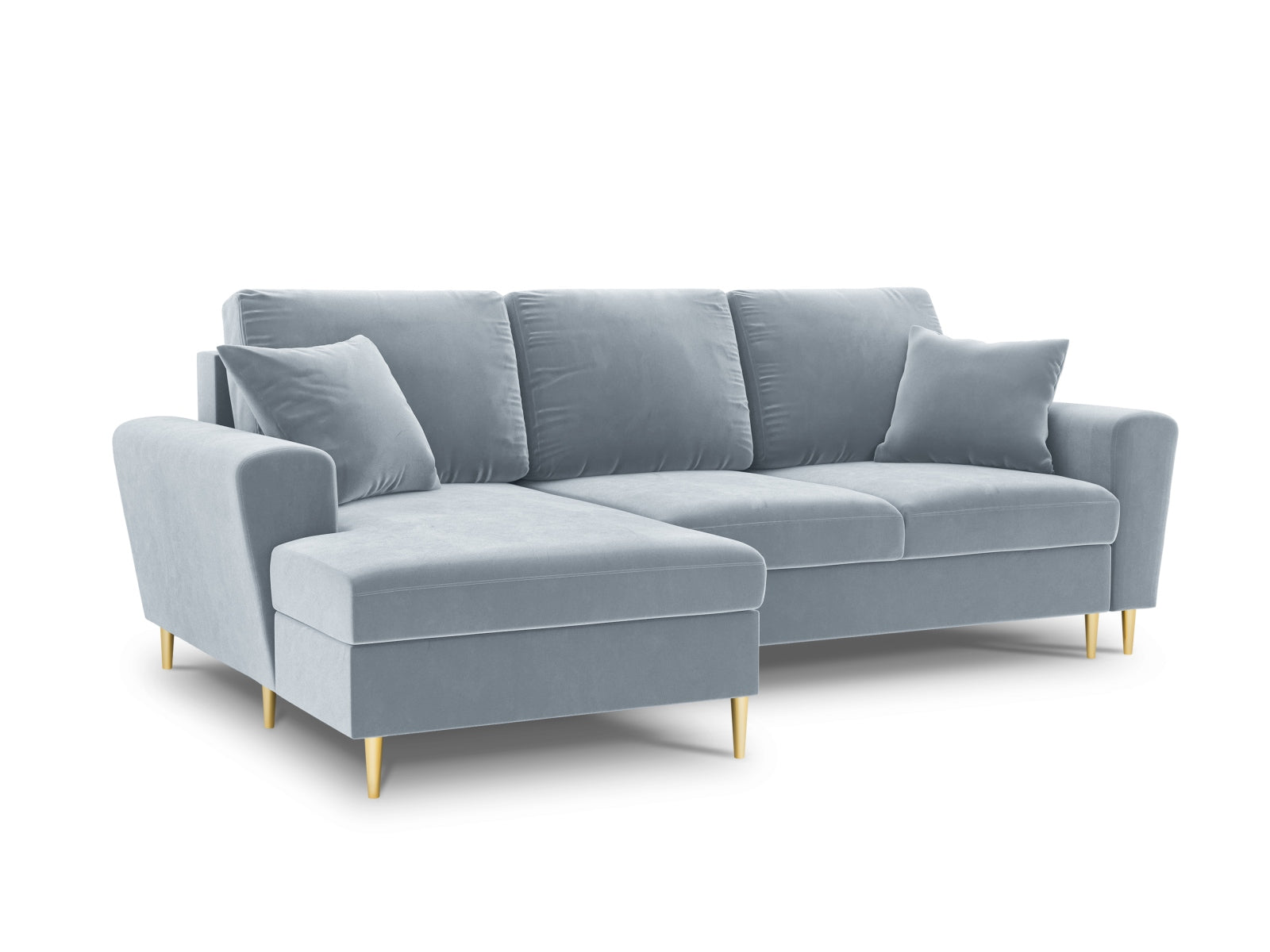 Kyoto Velour Ecksofa links mit Schlaffunktion und Stauraumbox 4 Sitzer 145cm in Light Blue-Riviera präsentiert im Onlineshop von KAQTU Design AG. Bettsofa links ist von Cosmopolitan Design