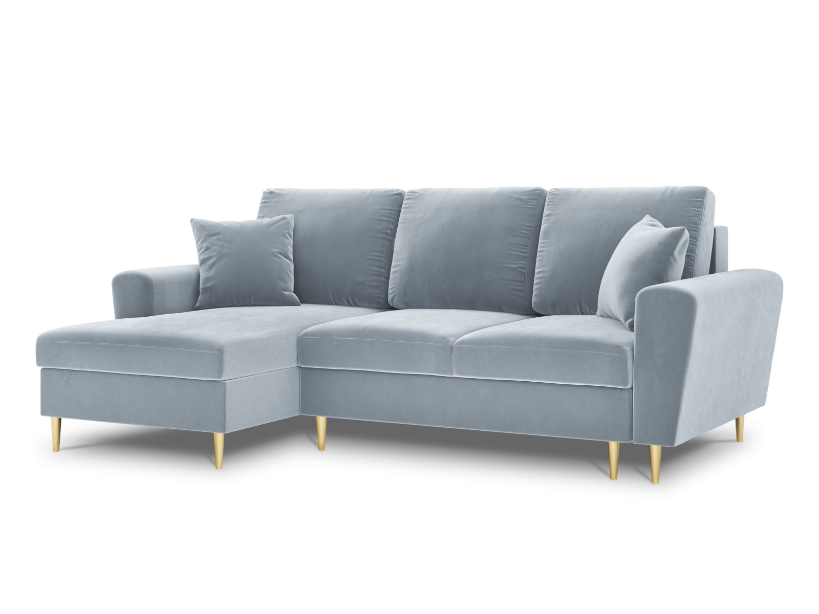 Elegantes Kyoto Ecksofa links in sanftem Blau, 4-Sitzer mit praktischer Schlaffunktion und Stauraum, perfekt für stilvolle Wohnzimmer.