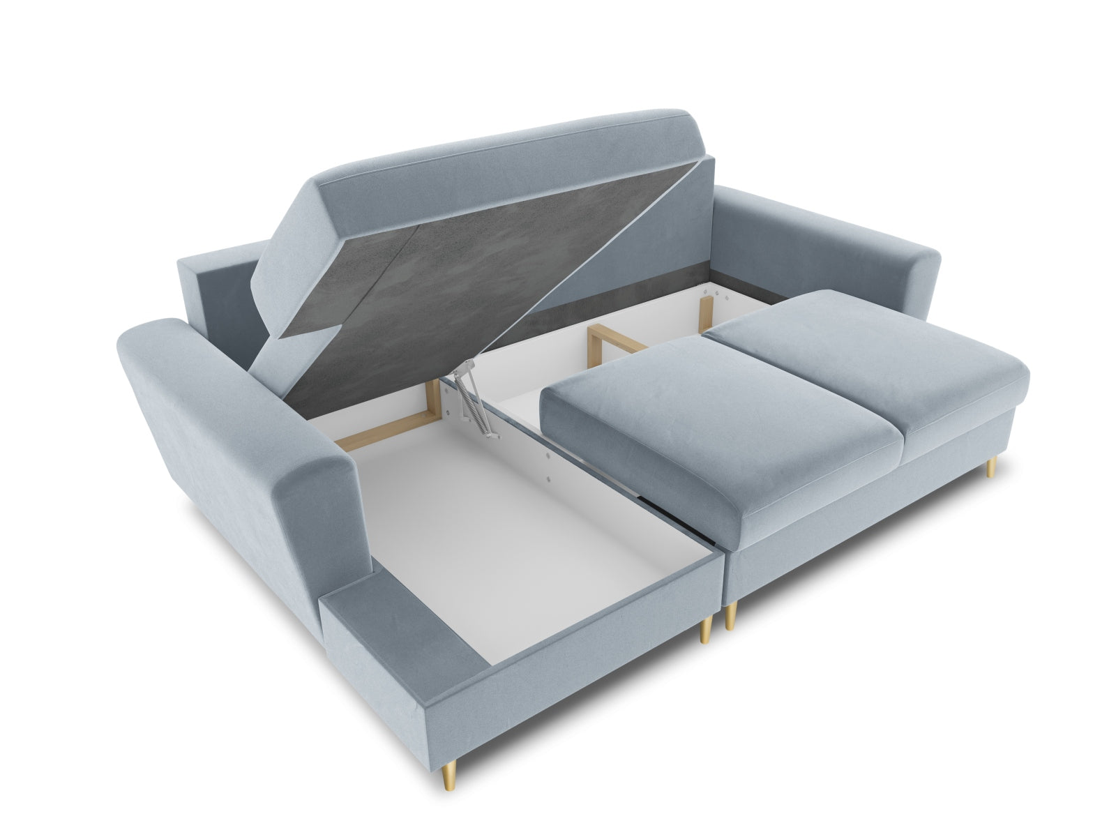 Stylisches Kyoto Ecksofa links in sanftem Blau, 4-Sitzer mit praktischer Schlaffunktion und Stauraum, perfekt für entspannte Abende.