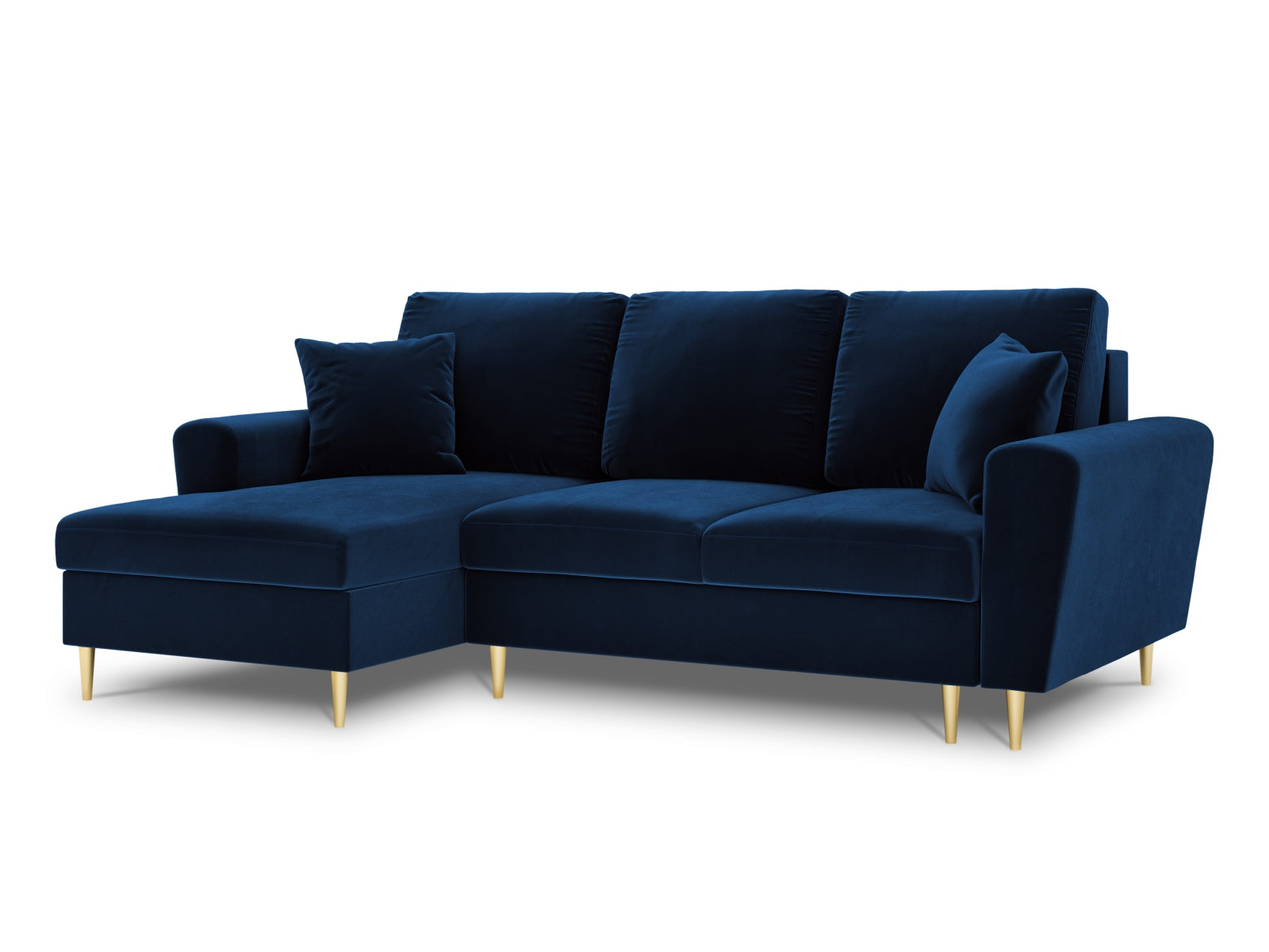 Elegantes Kyoto Ecksofa links in Royal Blue, 4-Sitzer mit Schlaffunktion und praktischer Stauraumbox, perfekt für stilvolle Wohnzimmer.