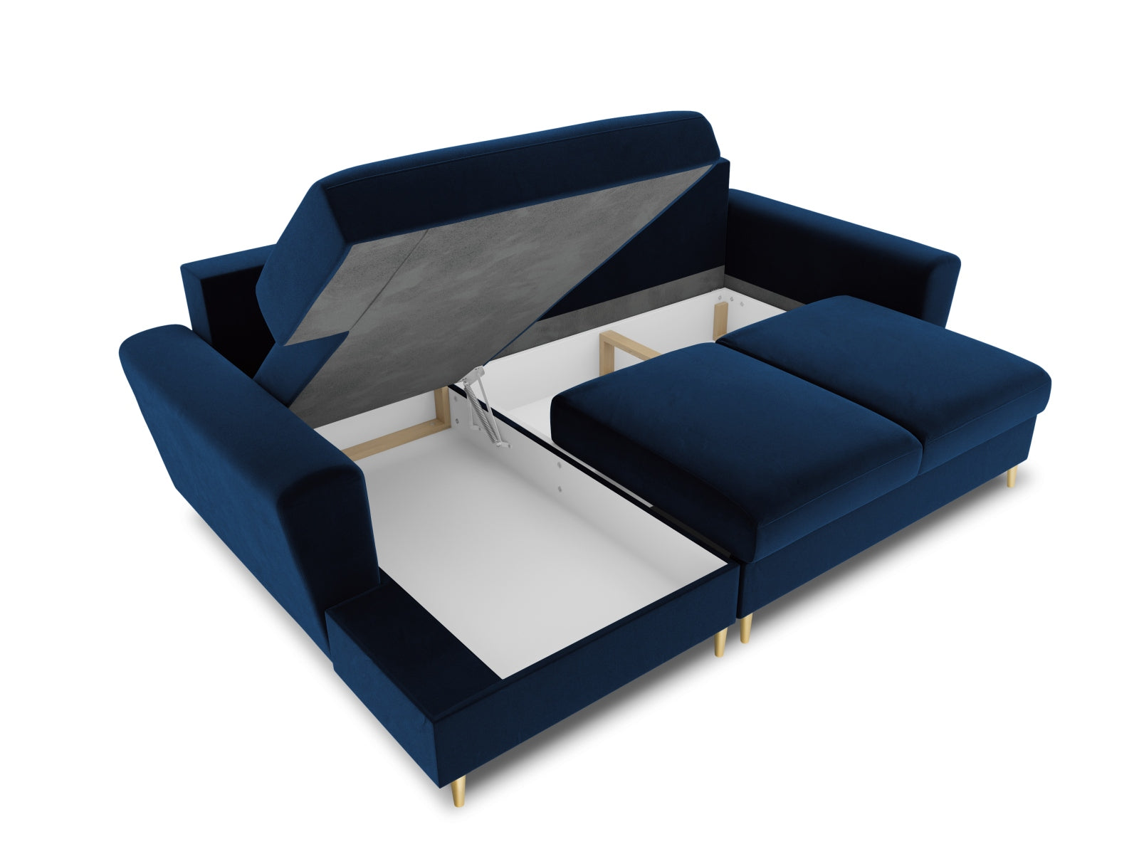 Stylisches Kyoto Ecksofa links in Royal Blue, 4-Sitzer mit praktischer Schlaffunktion und integriertem Stauraum für zusätzlichen Komfort.