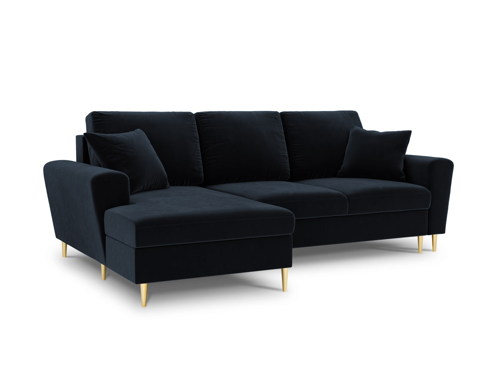 Kyoto Velour Ecksofa links mit Schlaffunktion und Stauraumbox 4 Sitzer 145cm in Dark Blue präsentiert im Onlineshop von KAQTU Design AG. Ecksofa links ist von Cosmopolitan Design
