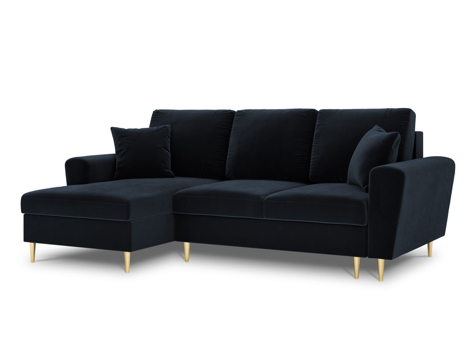 Elegantes Kyoto Ecksofa links in tiefem Blau, ausgestattet mit Schlaffunktion und praktischer Stauraumbox, perfekt für stilvolle Wohnzimmer.