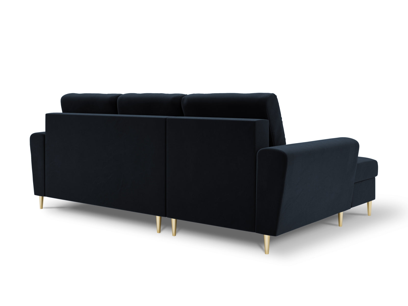 Modernes Kyoto Ecksofa links in edlem Blau, 4-Sitzer mit Schlaffunktion und Stauraum, ideal für gemütliche und funktionale Wohnräume.