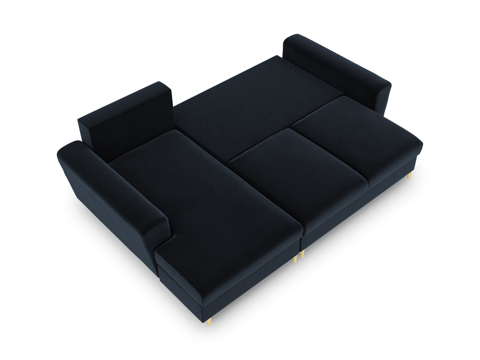 Stylisches Kyoto Ecksofa links in tiefem Blau, 4-Sitzer mit praktischer Schlaffunktion und integriertem Stauraum für vielseitige Nutzung.