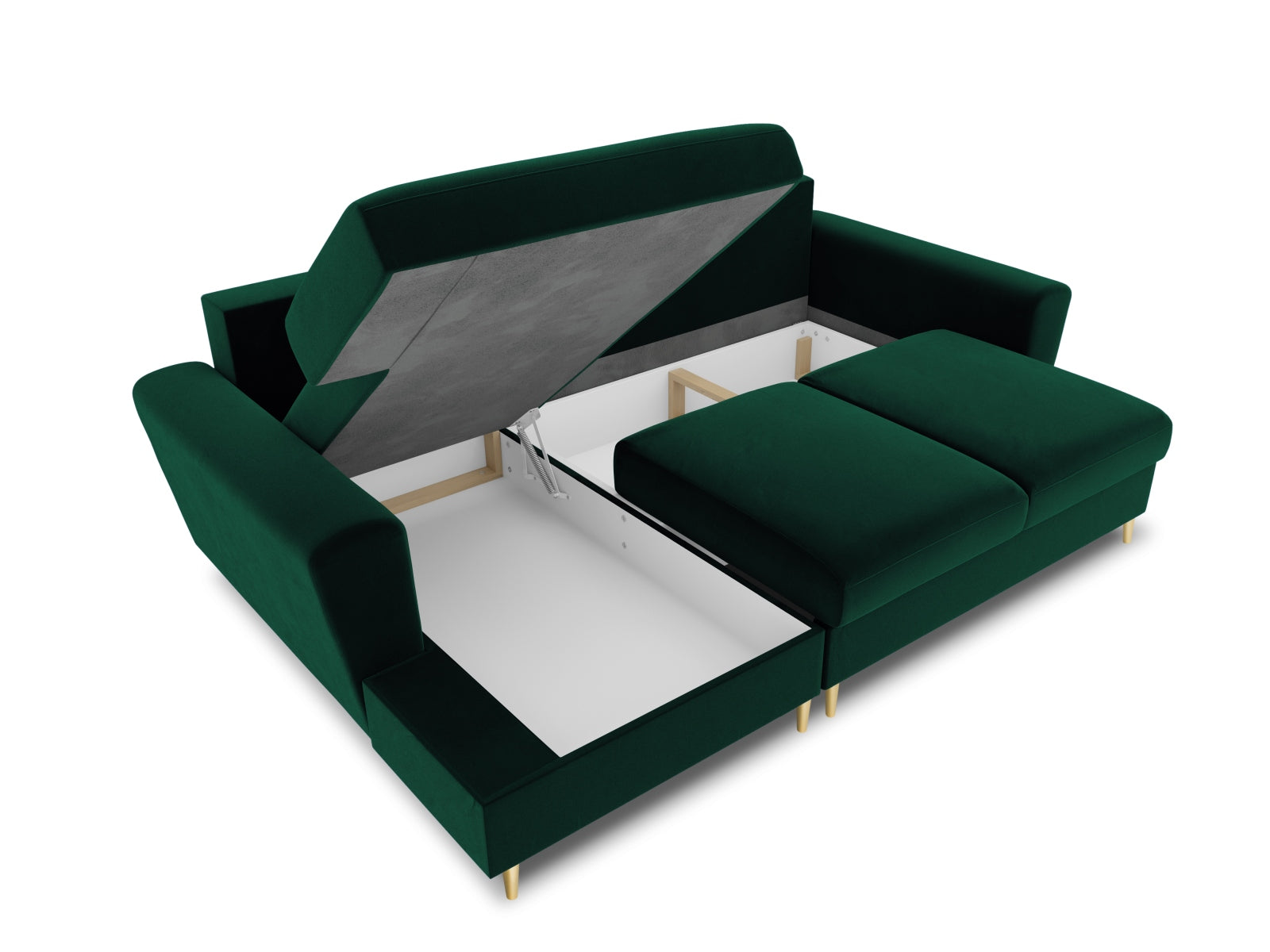 Stylisches Kyoto Ecksofa links in elegantem Dunkelgrün, ideal für 4 Personen, mit Schlafoption und integriertem Stauraum.