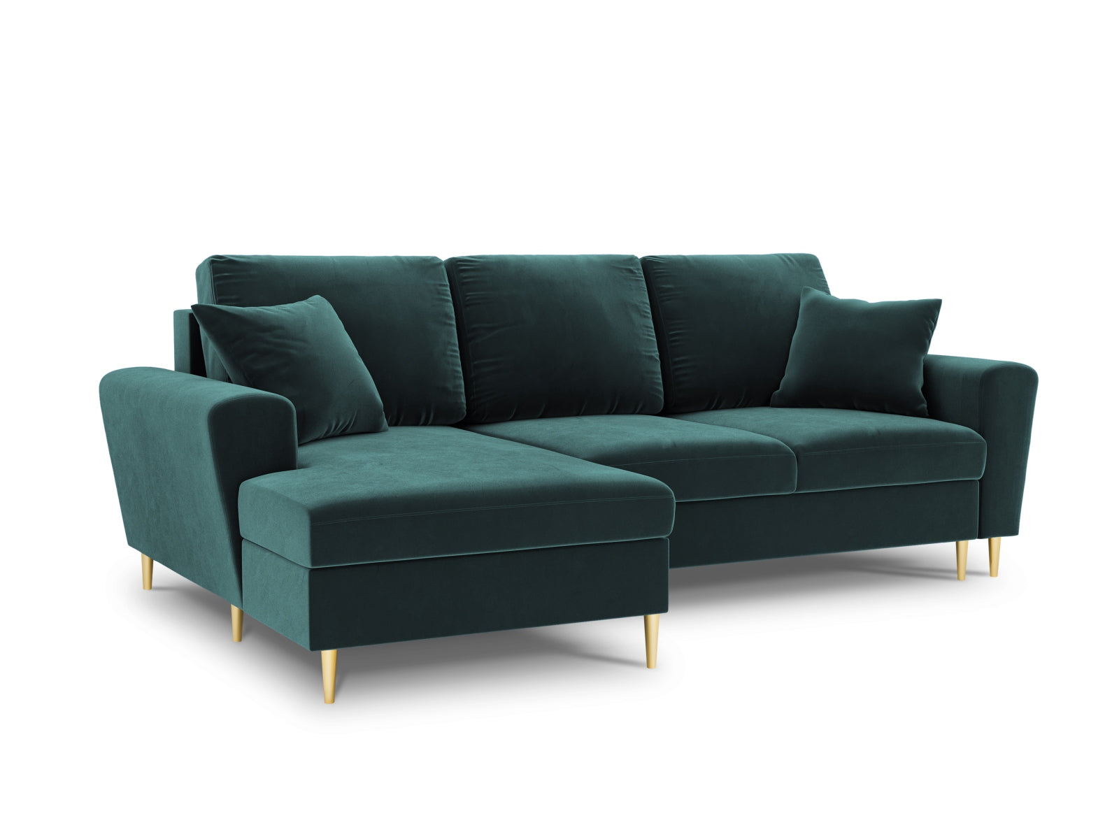 Kyoto Velour Ecksofa links mit Schlaffunktion und Stauraumbox 4 Sitzer 145cm in Petrol-Riviera präsentiert im Onlineshop von KAQTU Design AG. Bettsofa links ist von Cosmopolitan Design